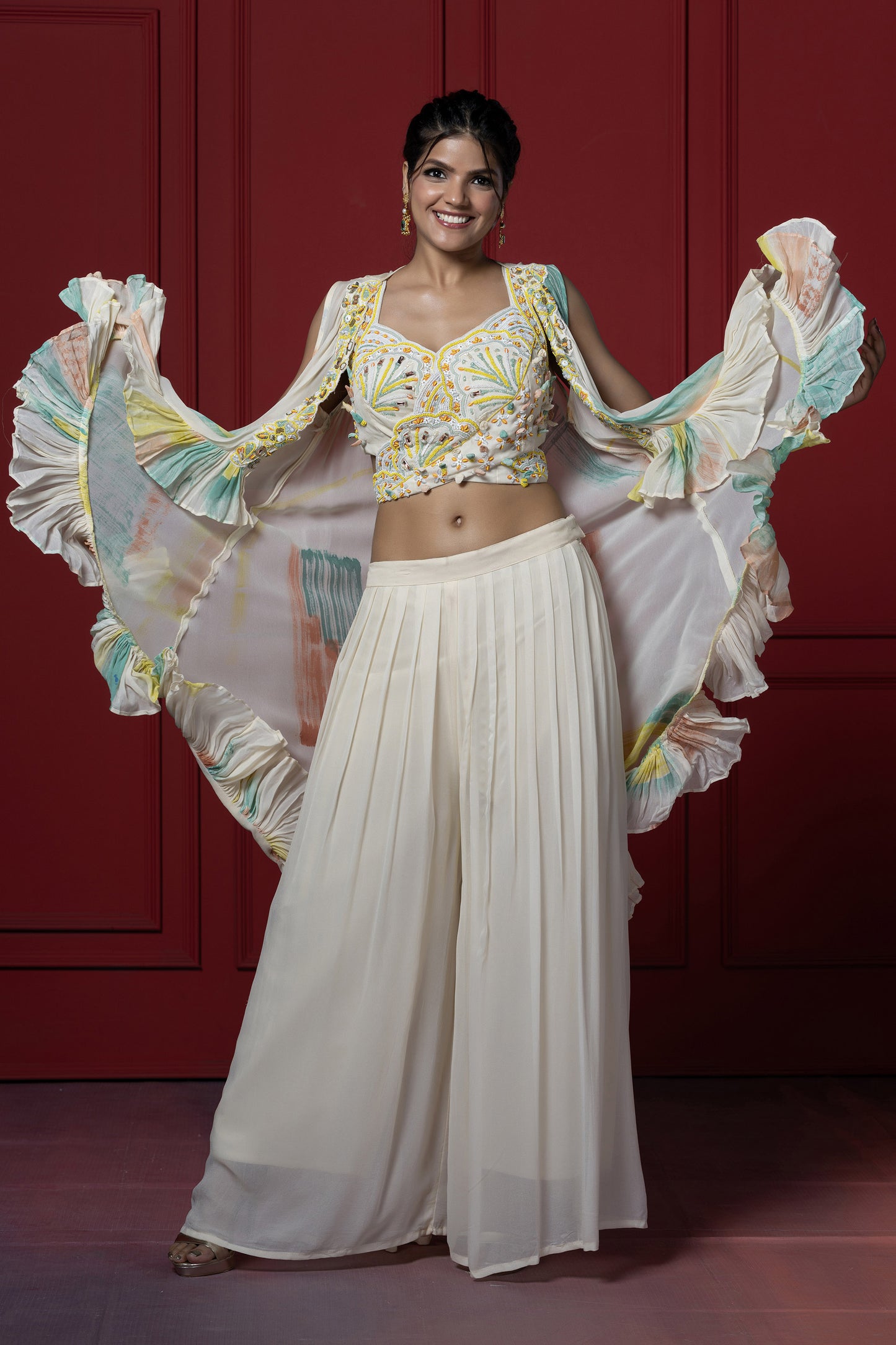 Cream Georgette Brush Dye Jacket Set