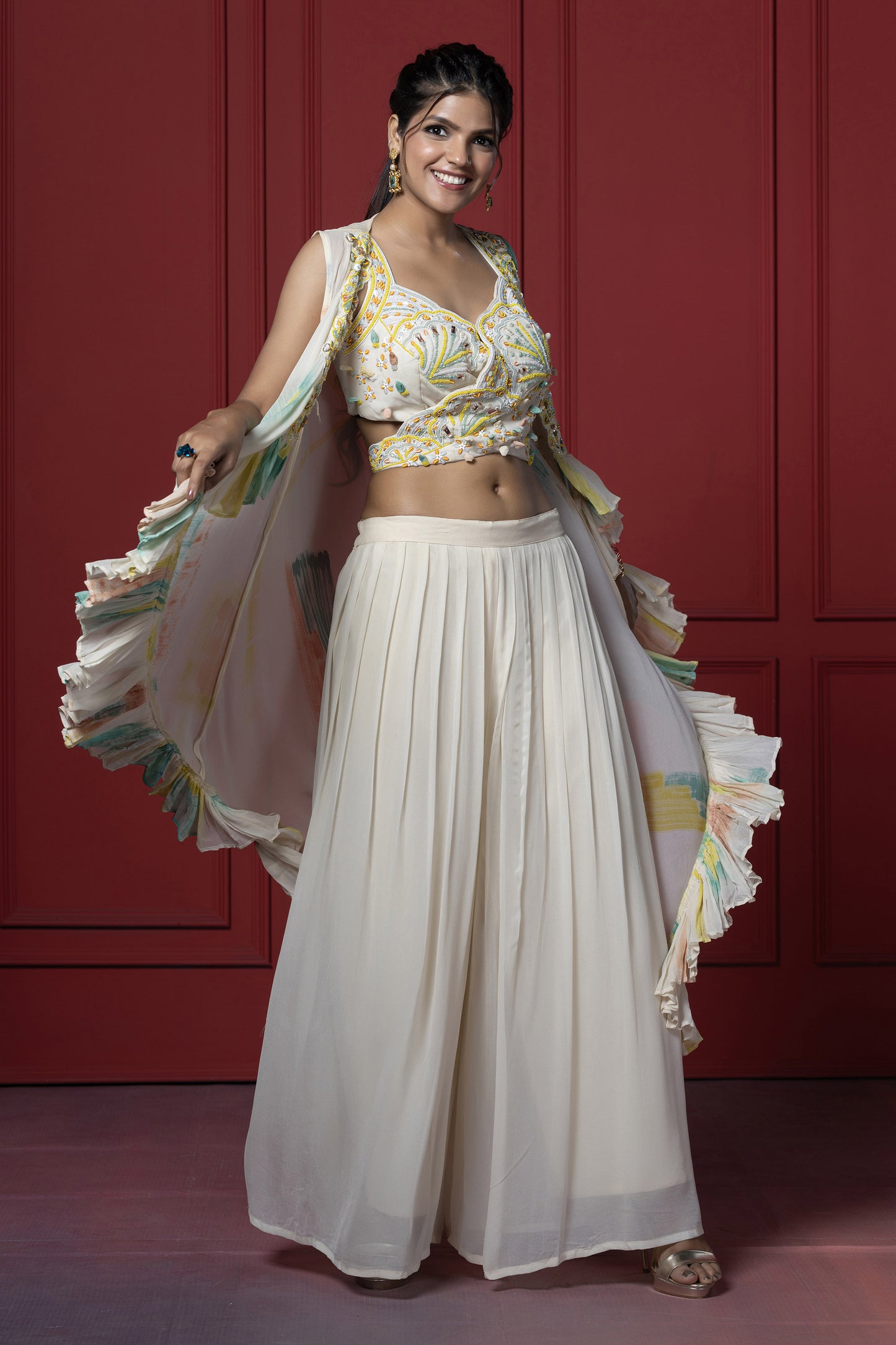 Cream Georgette Brush Dye Jacket Set