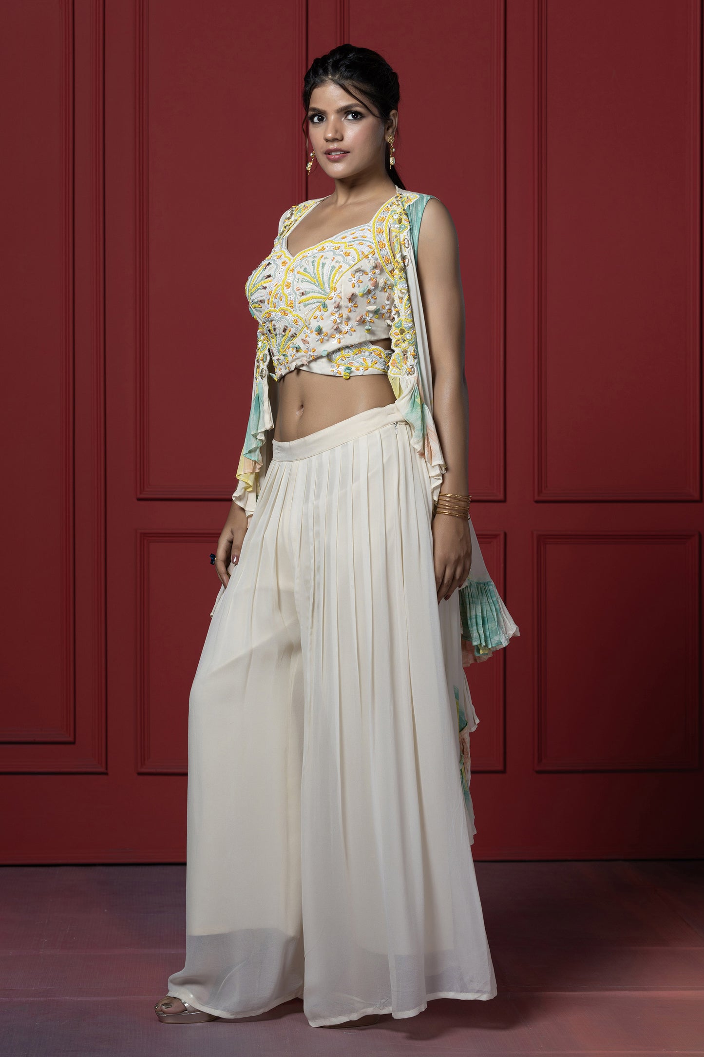 Cream Georgette Brush Dye Jacket Set