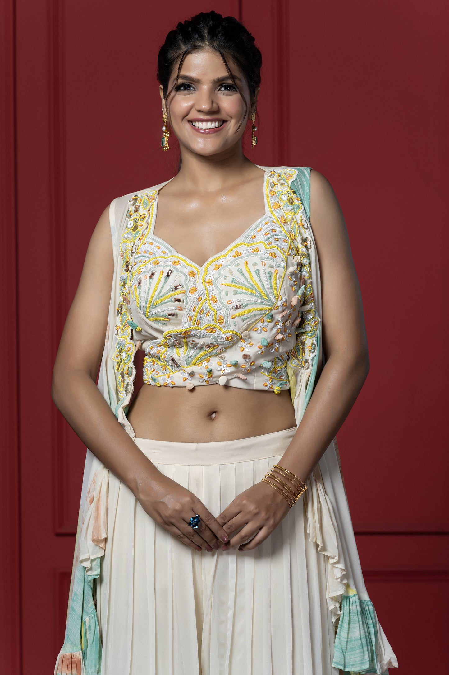 Cream Georgette Brush Dye Jacket Set