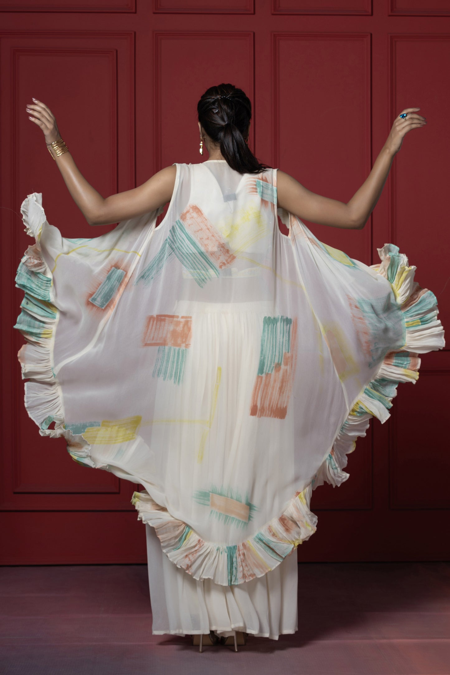 Cream Georgette Brush Dye Jacket Set