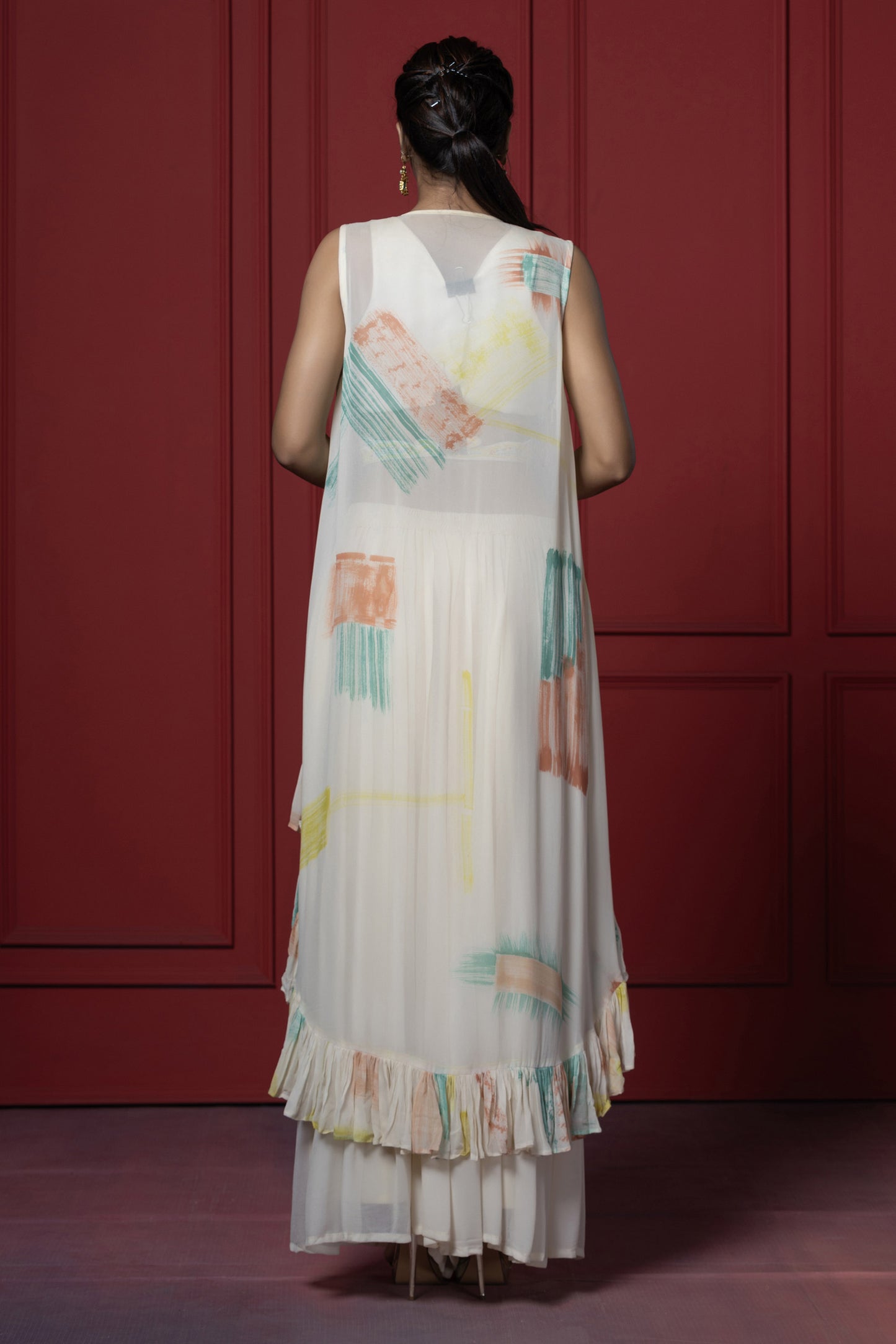 Cream Georgette Brush Dye Jacket Set