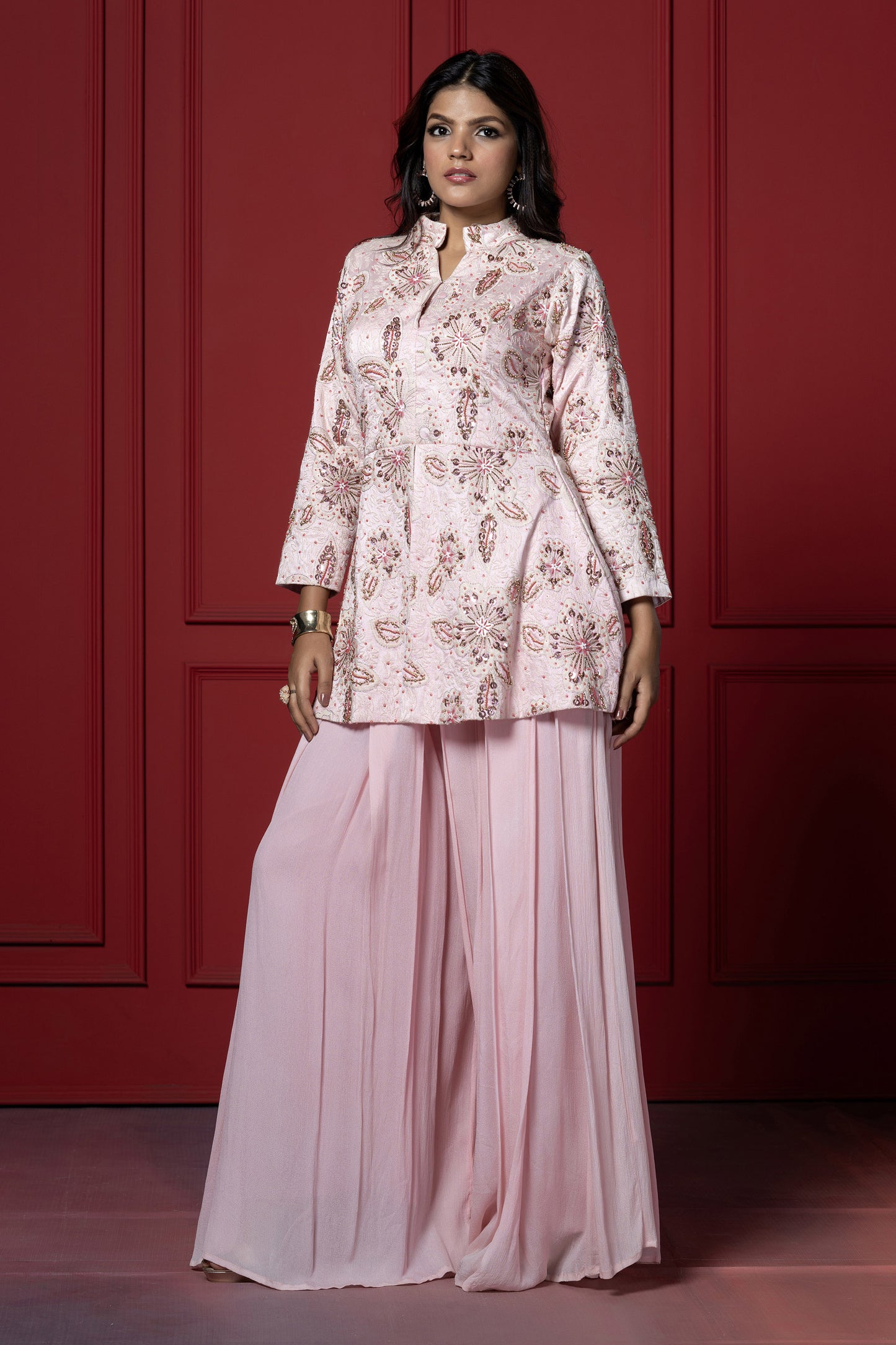 Pink Georgette Embroidered Peplum Set