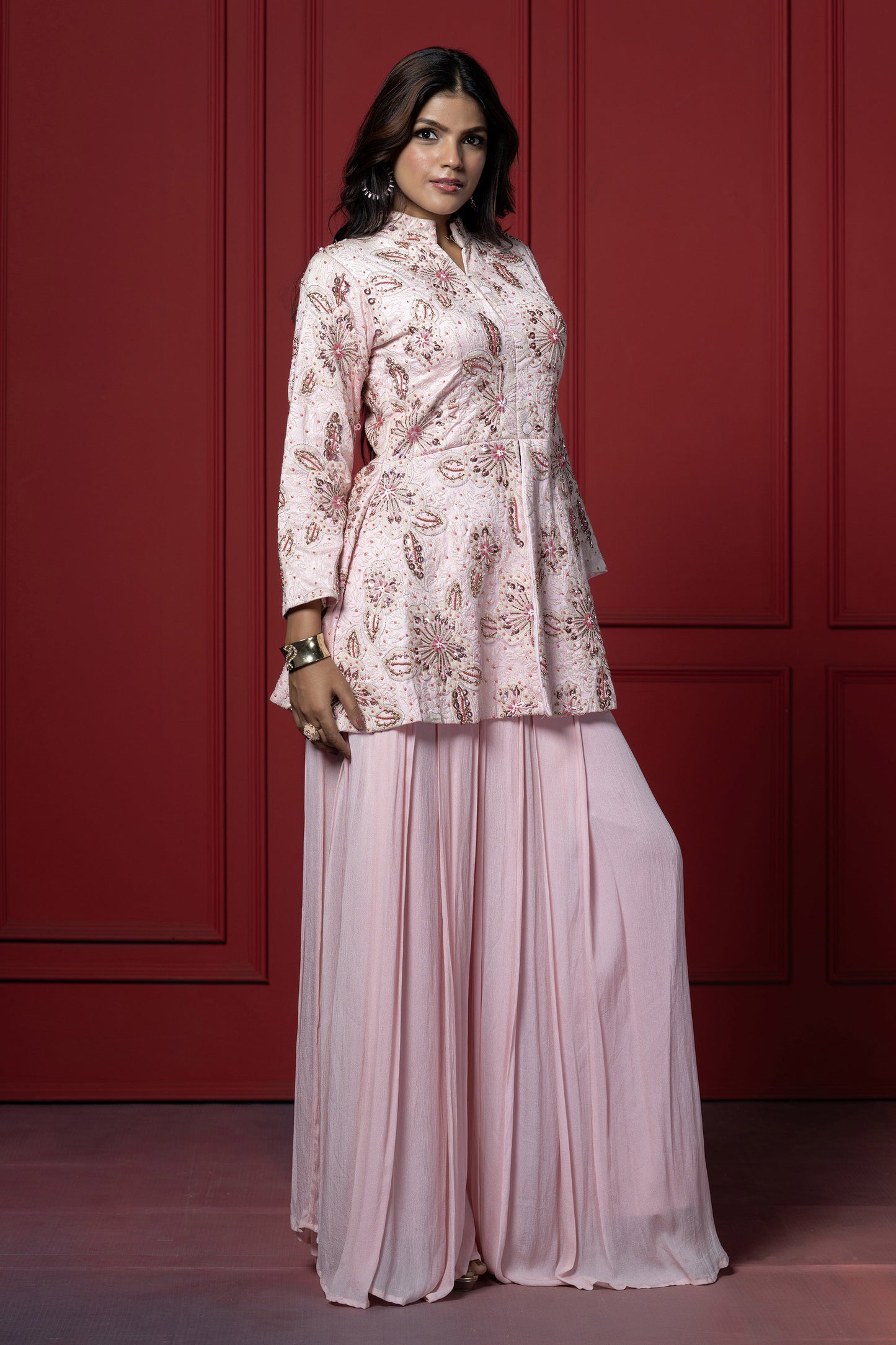 Pink Georgette Embroidered Peplum Set