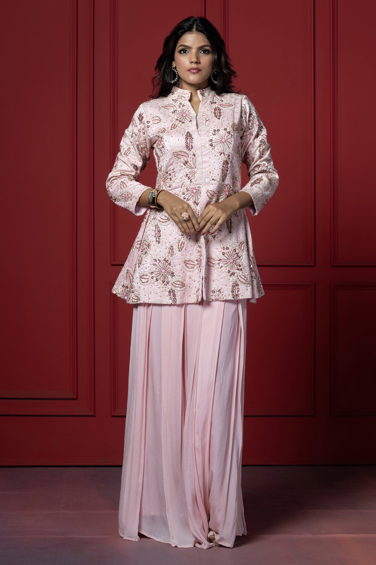 Pink Georgette Embroidered Peplum Set