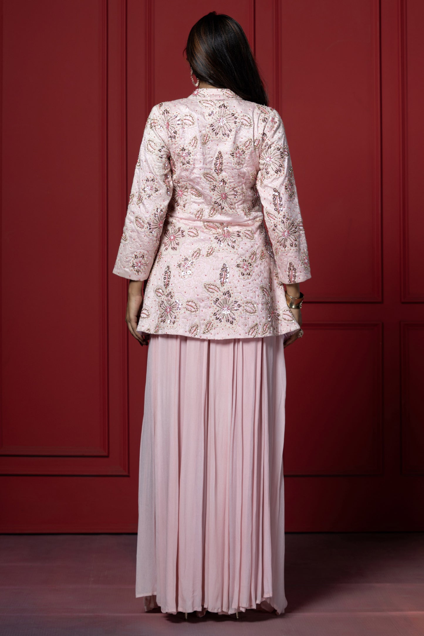 Pink Georgette Embroidered Peplum Set