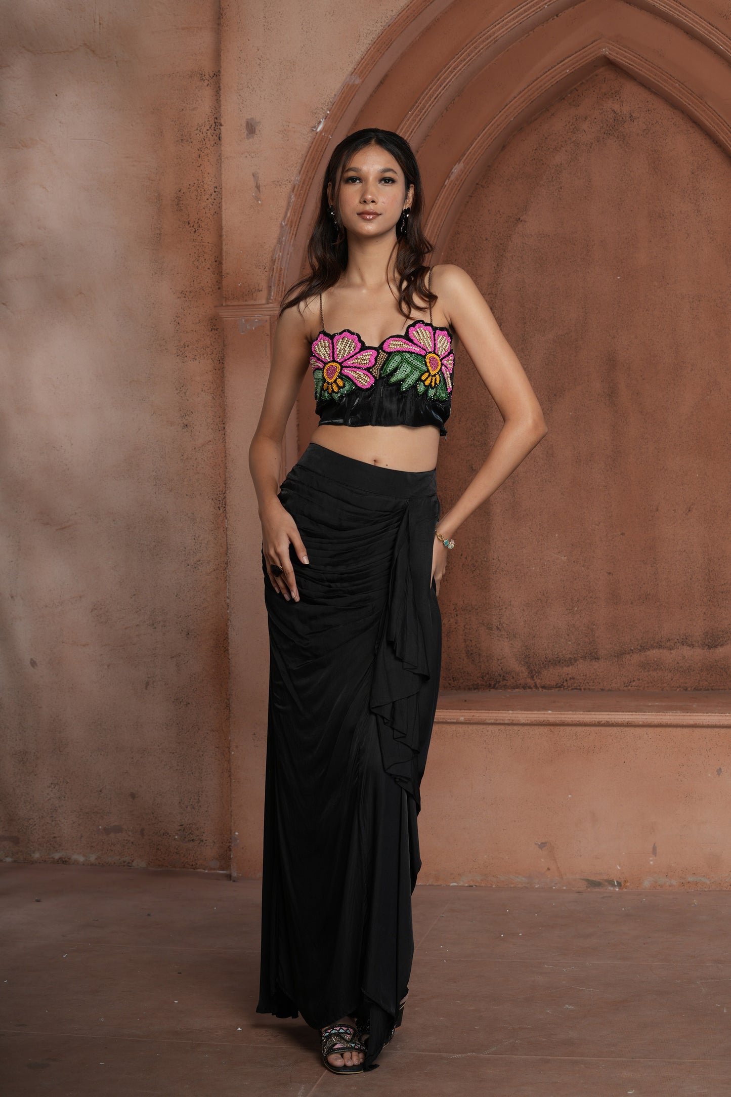 Black Crepe Floral embroidered Blouse-Dhoti Set