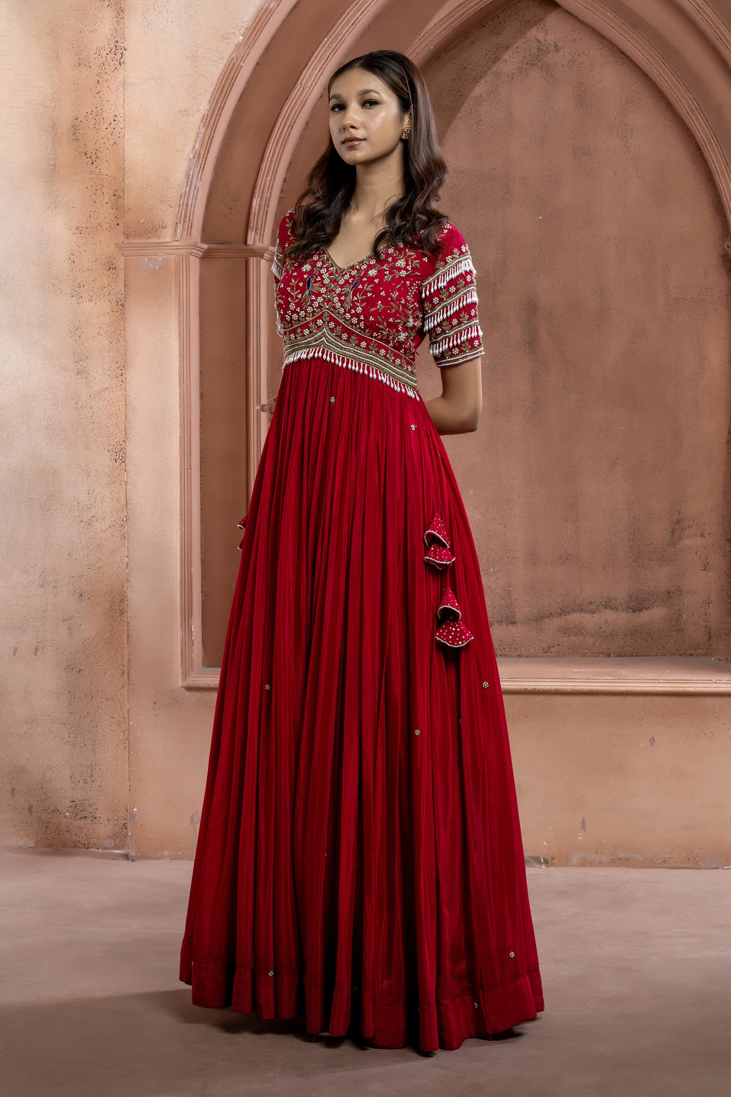 Reddish Pink Crepe Long Embellished Gown