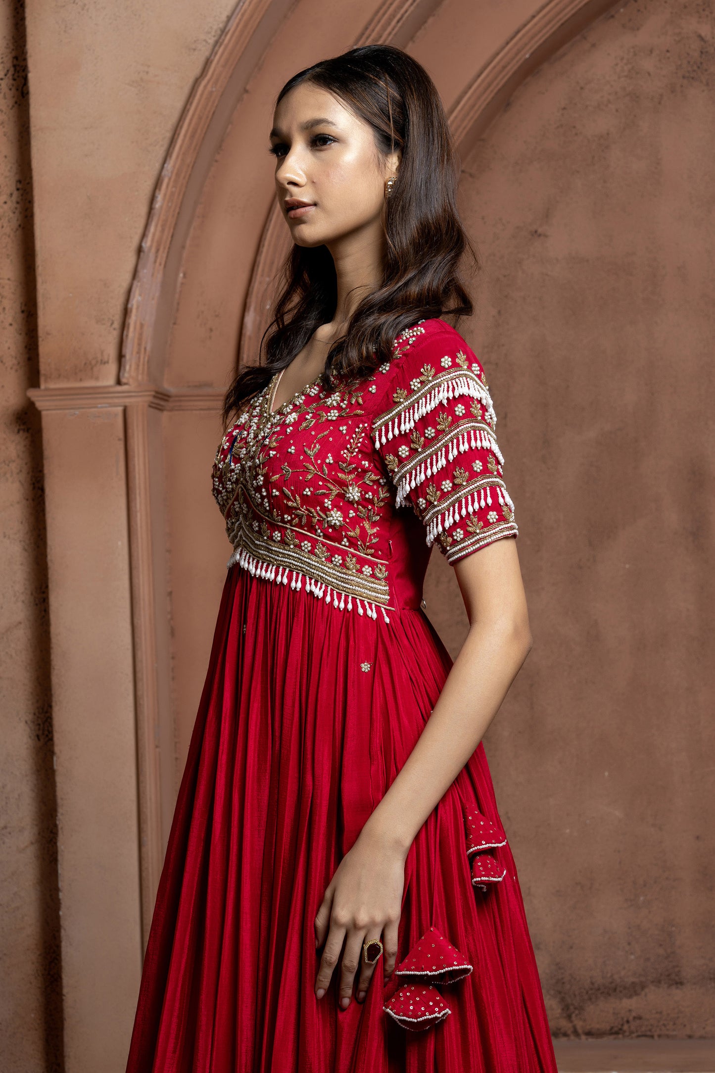 Reddish Pink Crepe Long Embellished Gown