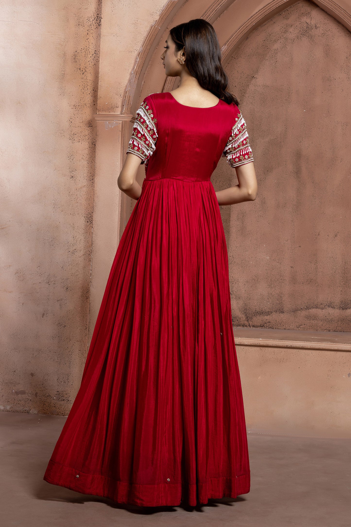 Reddish Pink Crepe Long Embellished Gown
