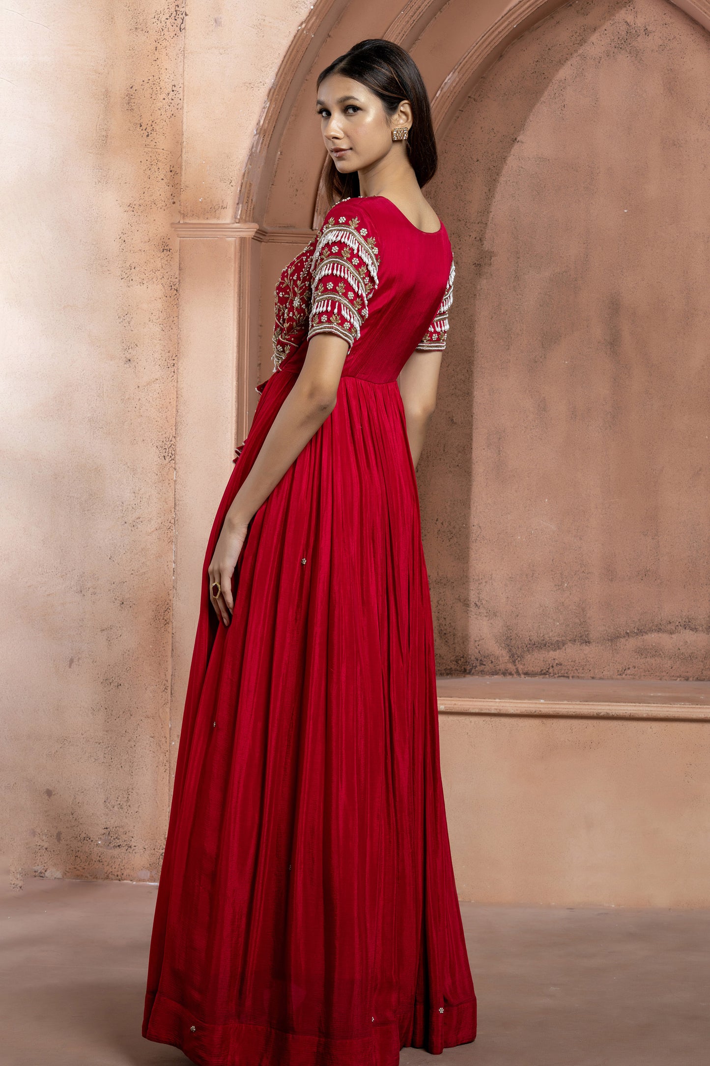 Reddish Pink Crepe Long Embellished Gown