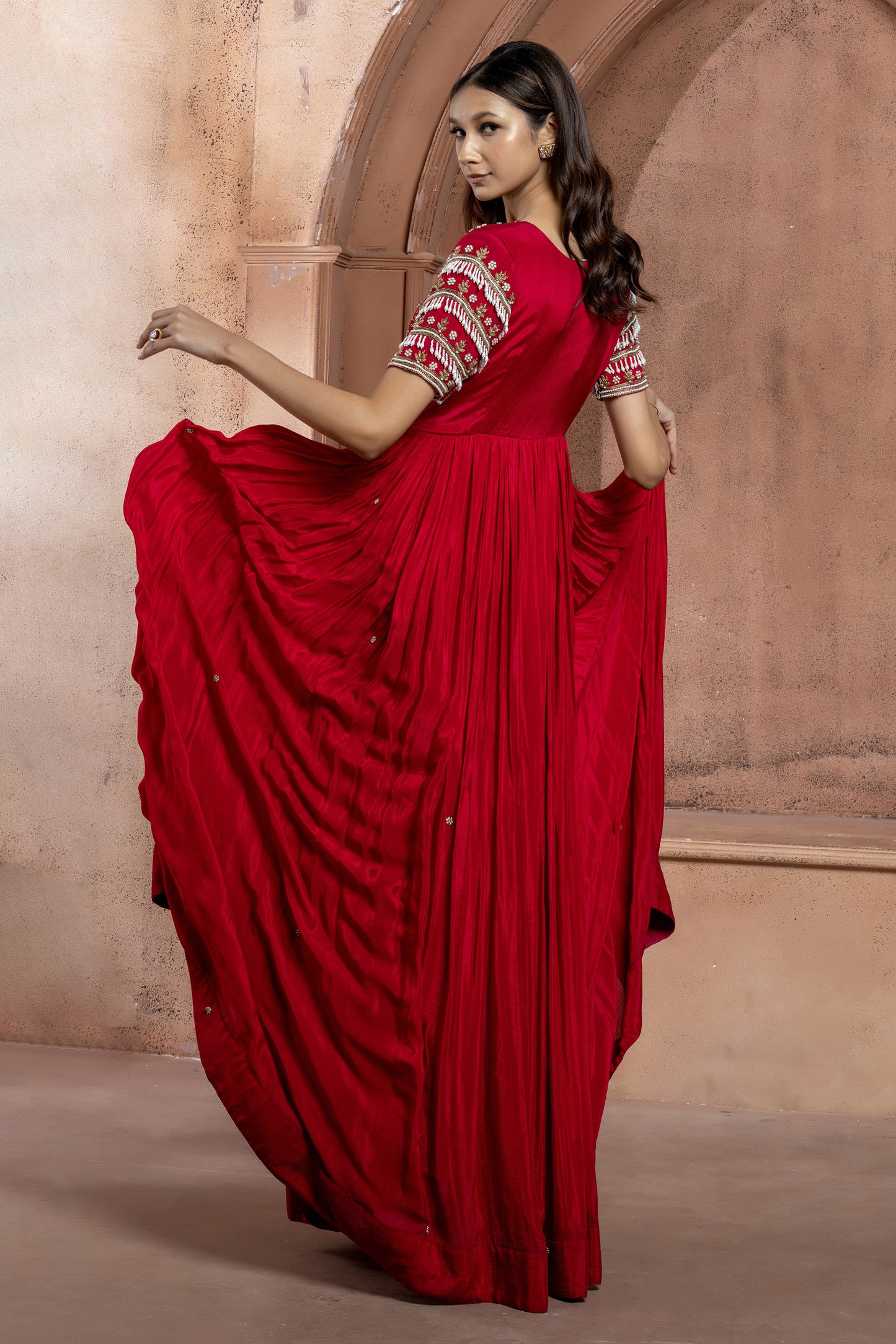 Reddish Pink Crepe Long Embellished Gown