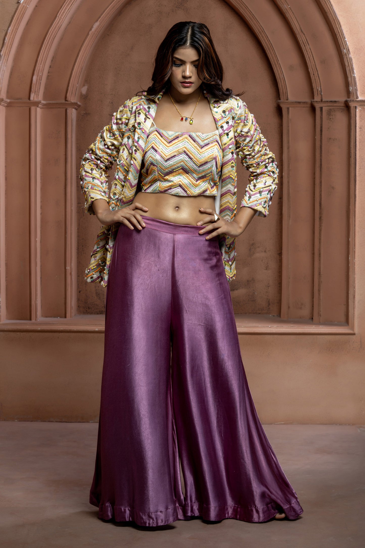 Multi colored Gaji Silk Embroidered Blazer Set