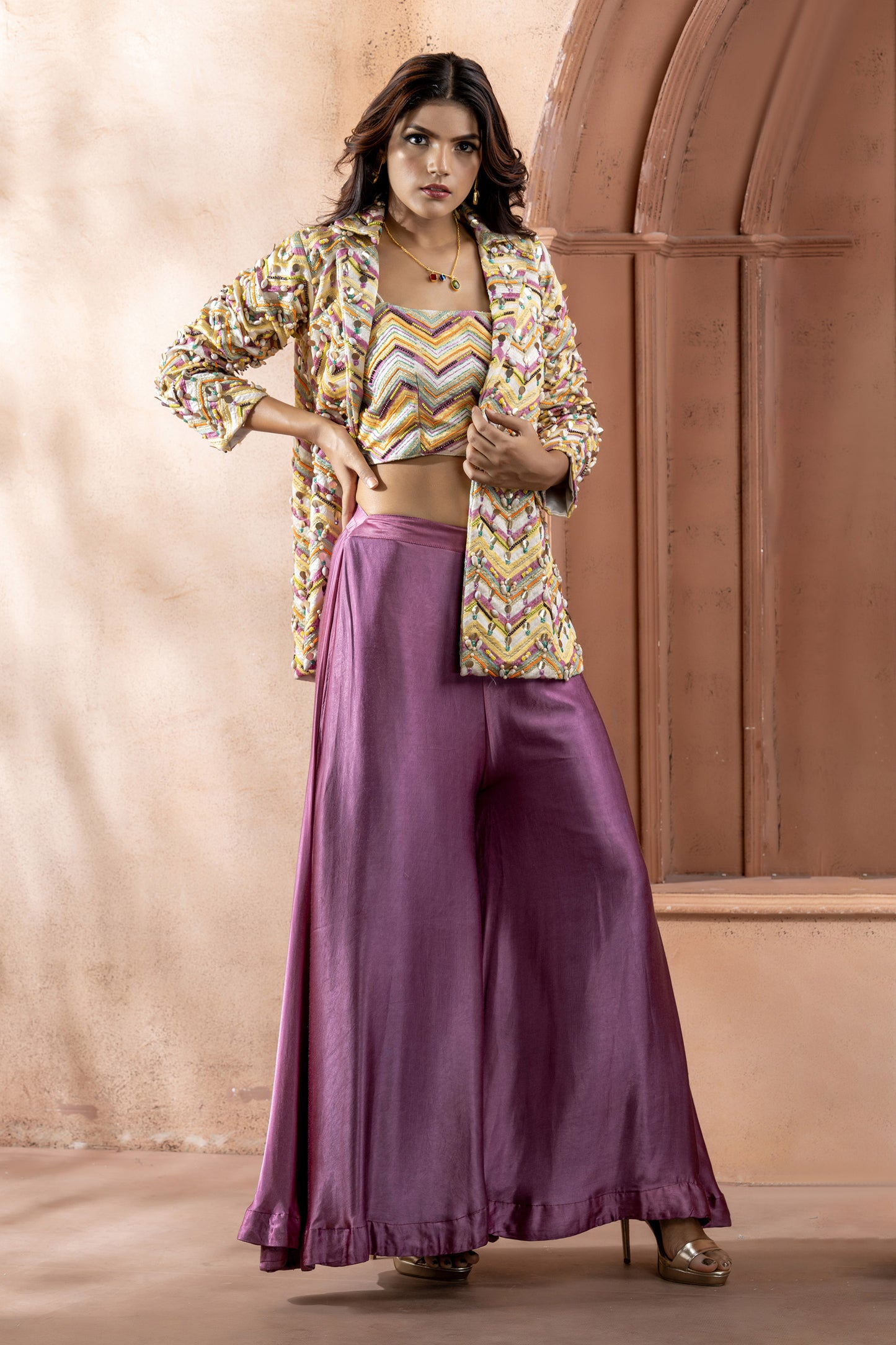 Multi colored Gaji Silk Embroidered Blazer Set