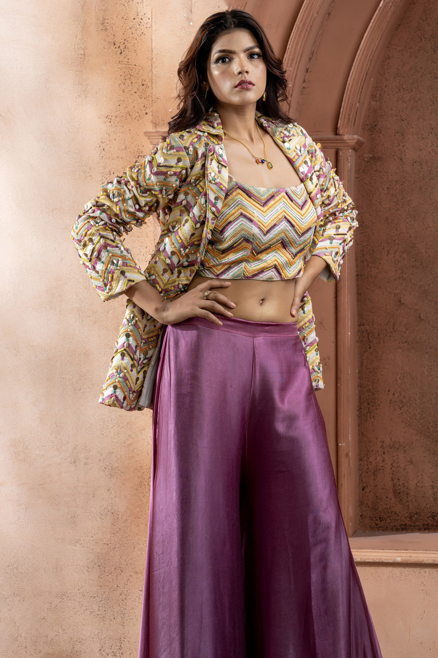 Multi colored Gaji Silk Embroidered Blazer Set