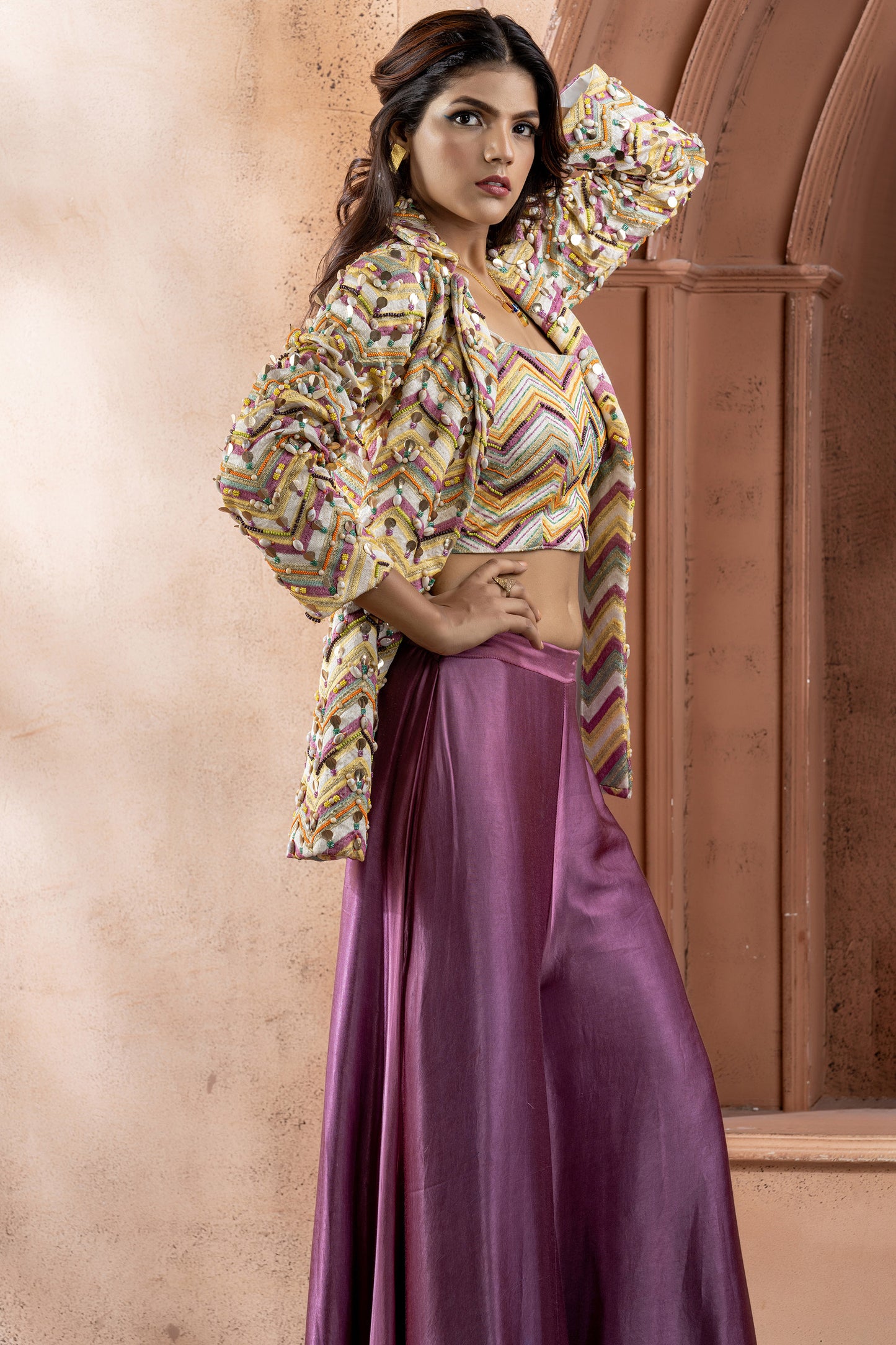Multi colored Gaji Silk Embroidered Blazer Set