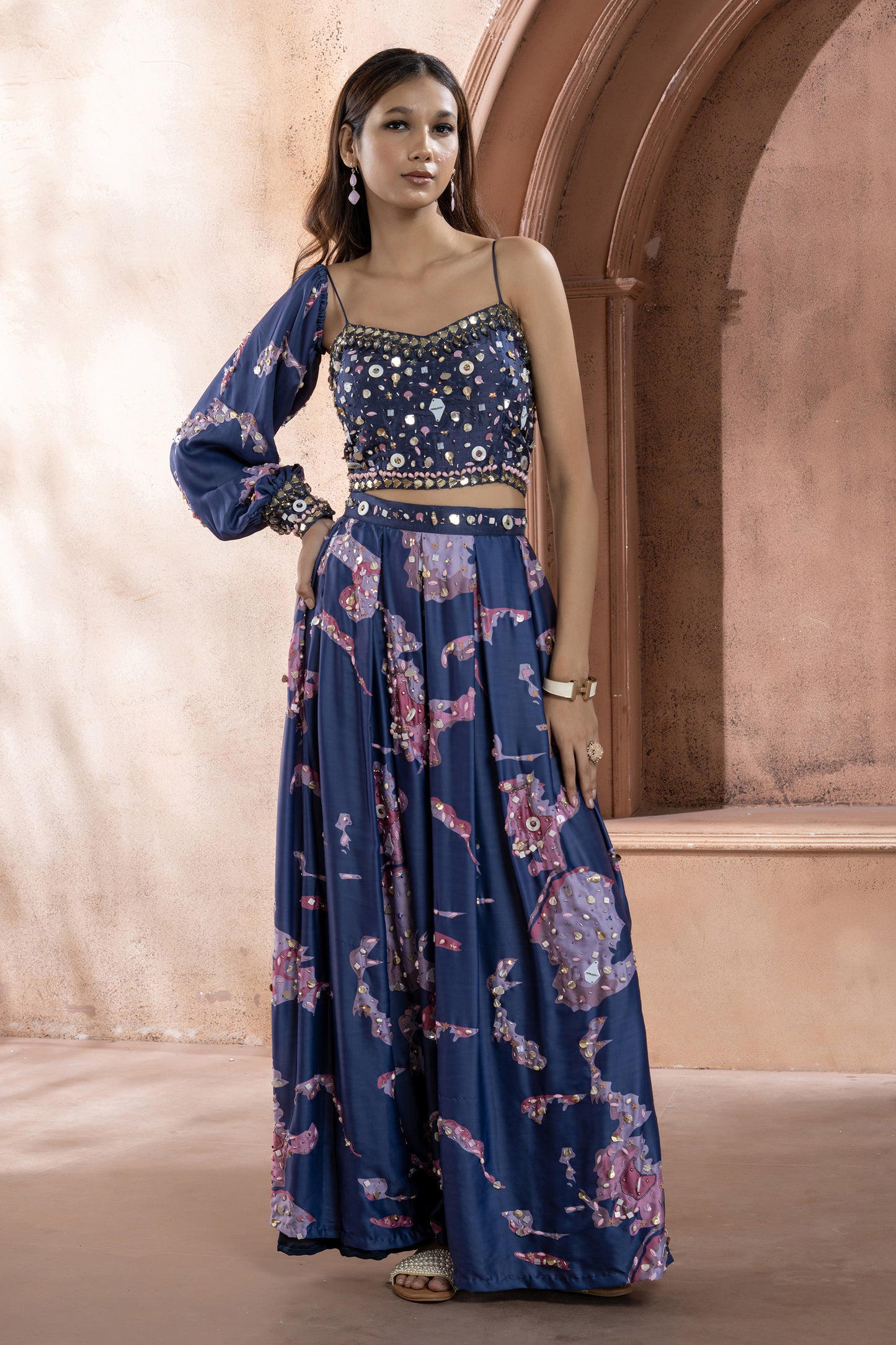 Blue Crepe Printed Embellished Jumpsuit