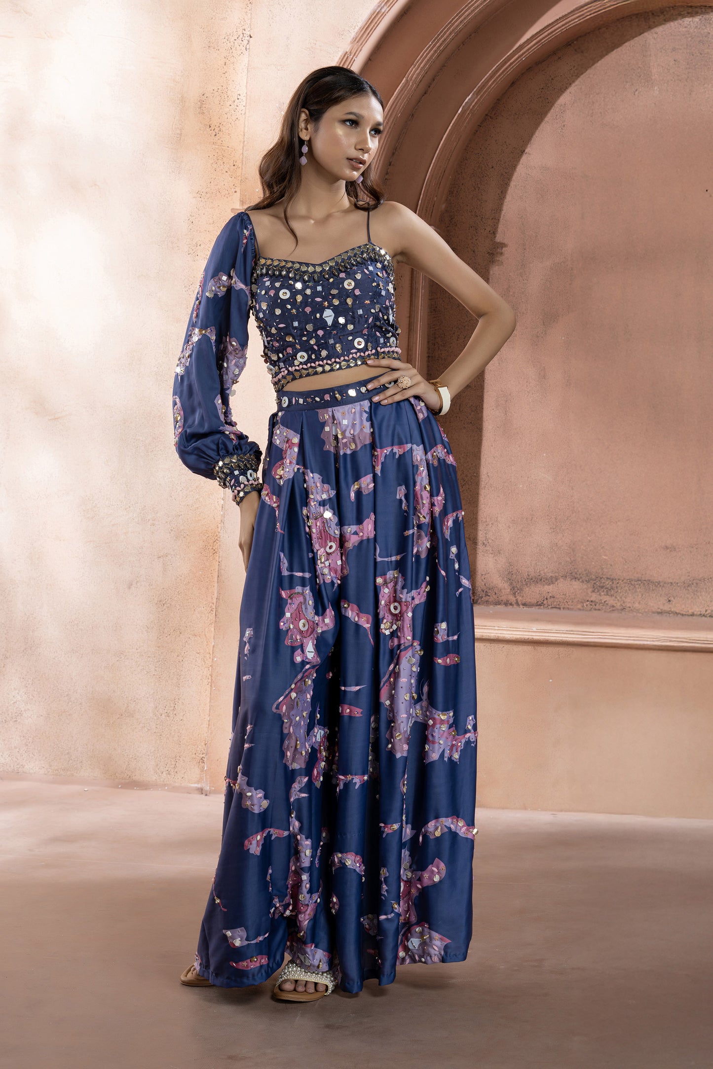 Blue Crepe Printed Embellished Jumpsuit