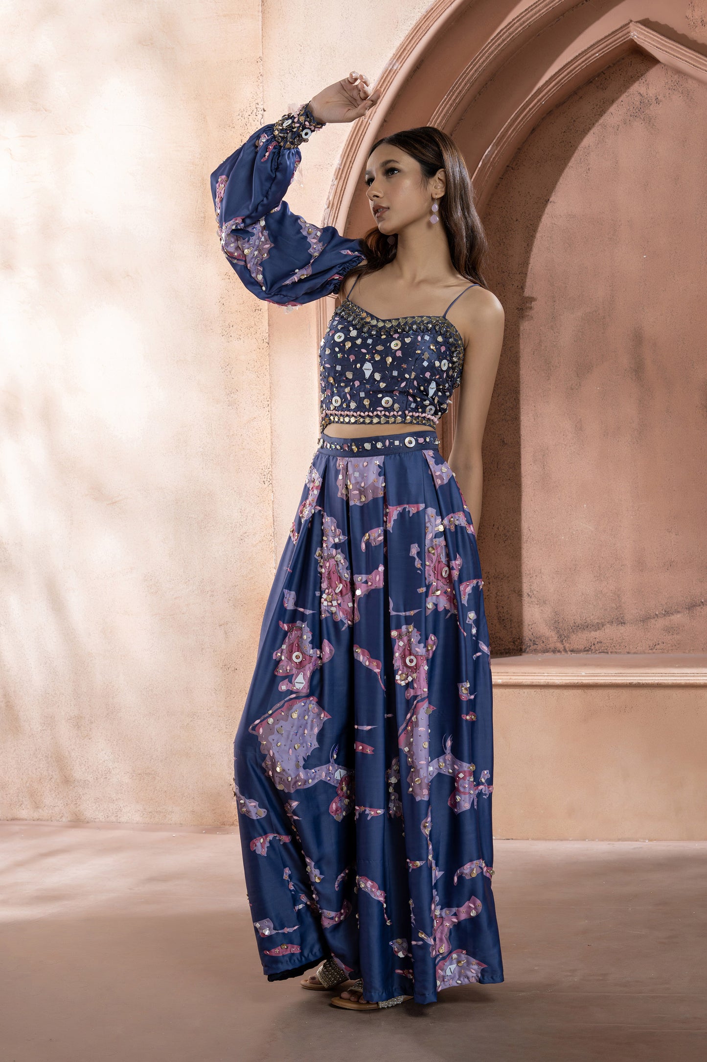 Blue Crepe Printed Embellished Jumpsuit