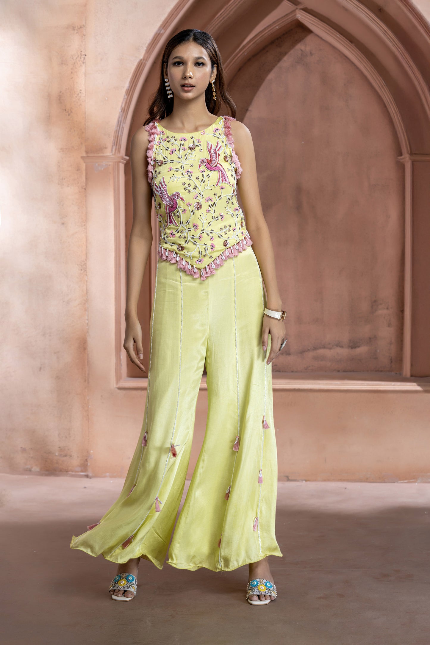 Green Gaji Silk Embroidered Choli Palazzo Set