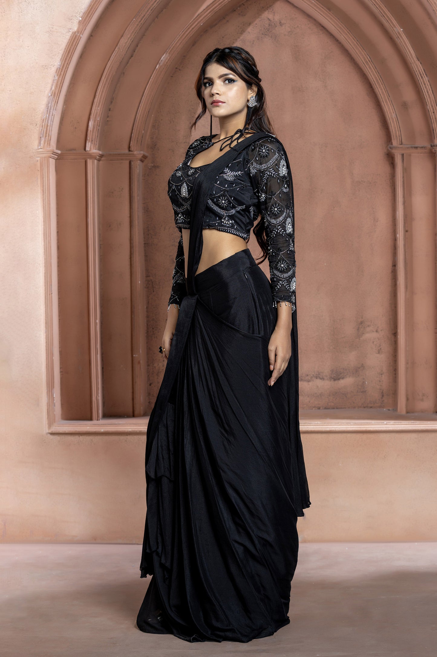 Black Chinnon Cut dana Cocktail Saree