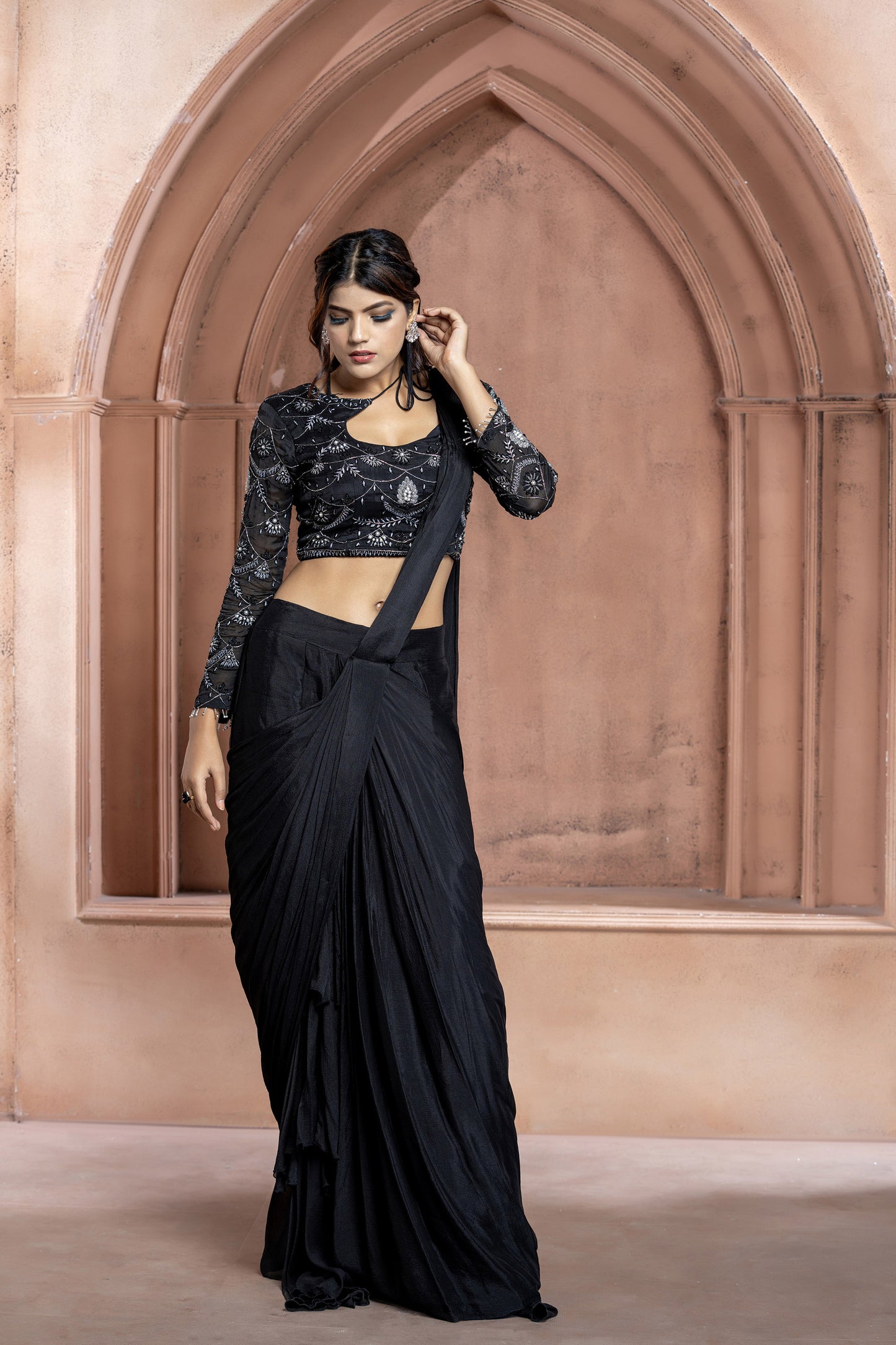 Black Chinnon Cut dana Cocktail Saree