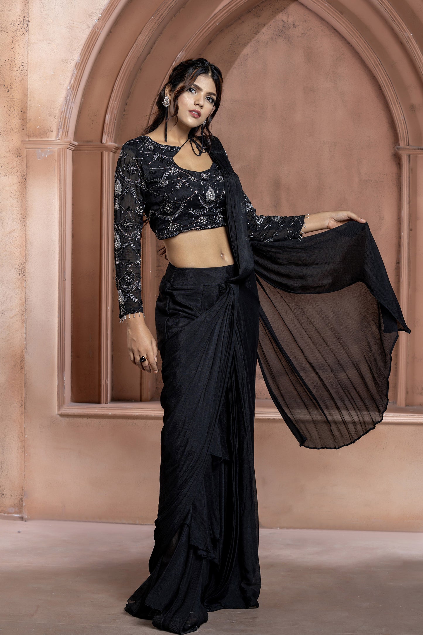 Black Chinnon Cut dana Cocktail Saree