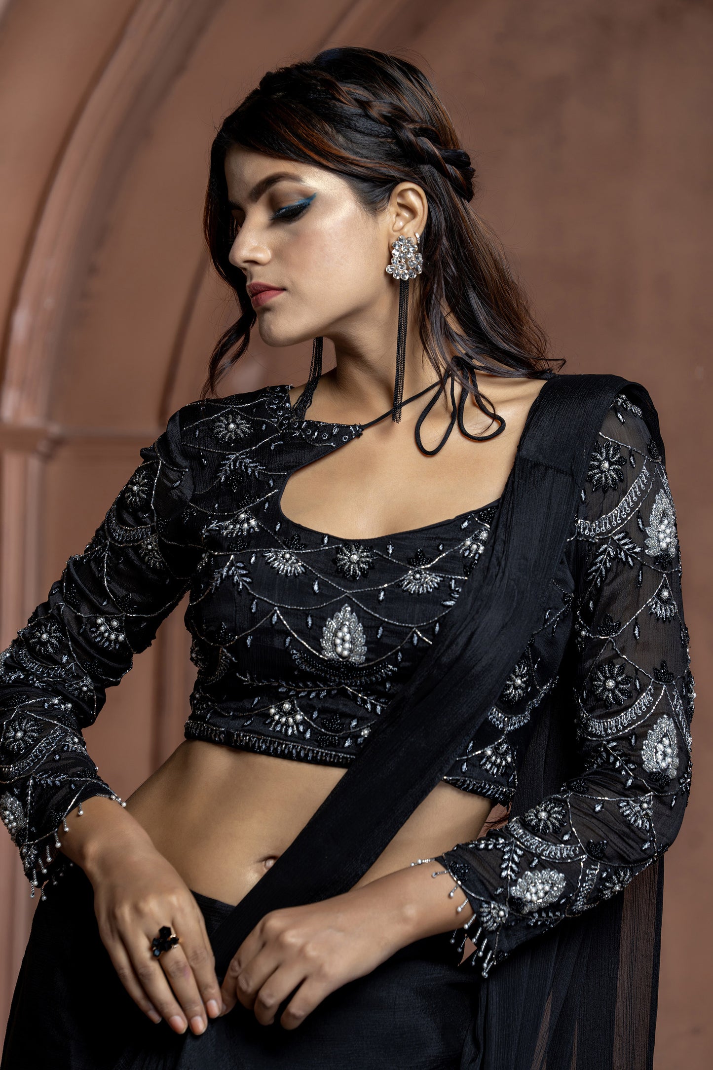 Black Chinnon Cut dana Cocktail Saree