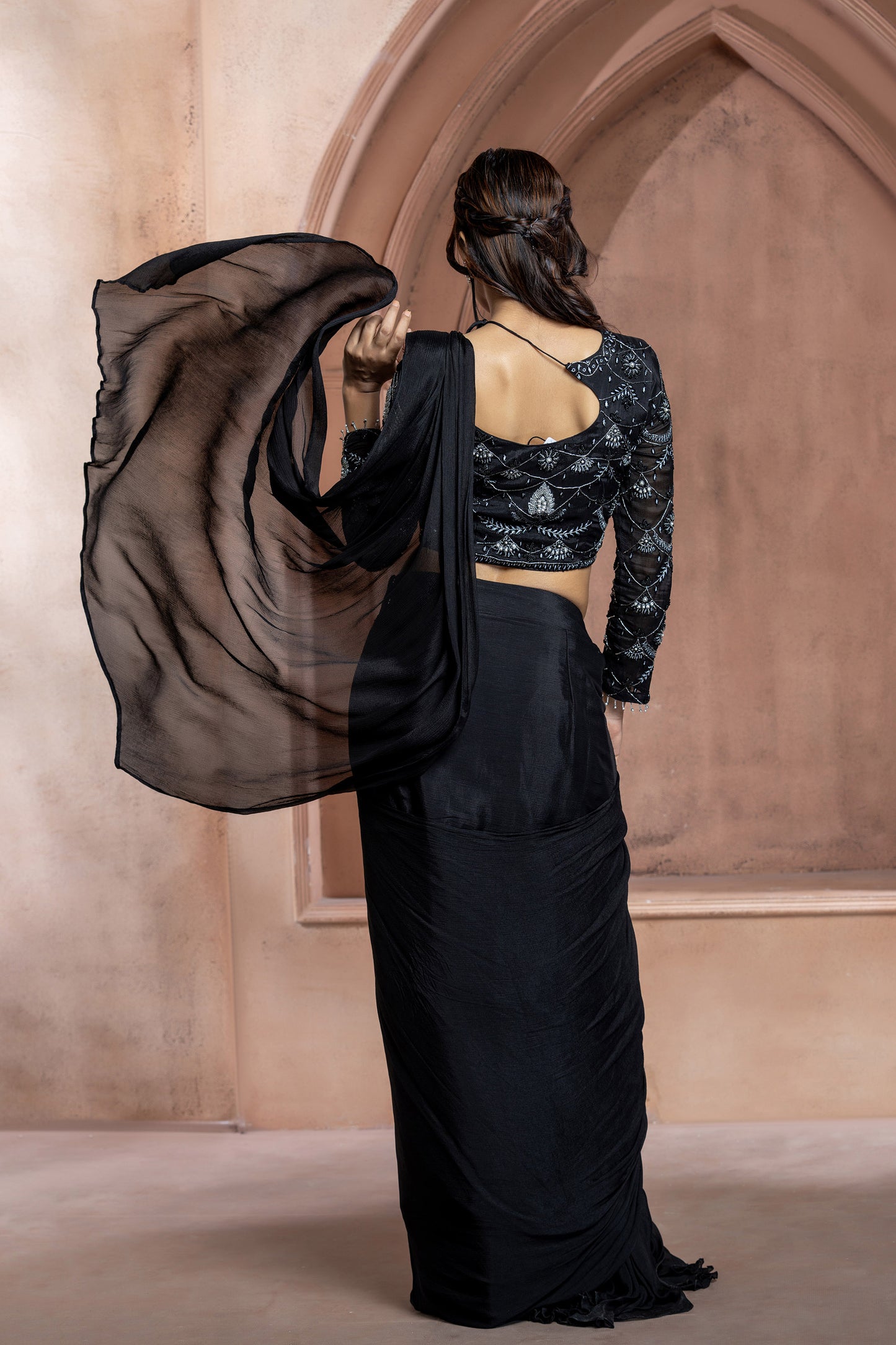 Black Chinnon Cut dana Cocktail Saree