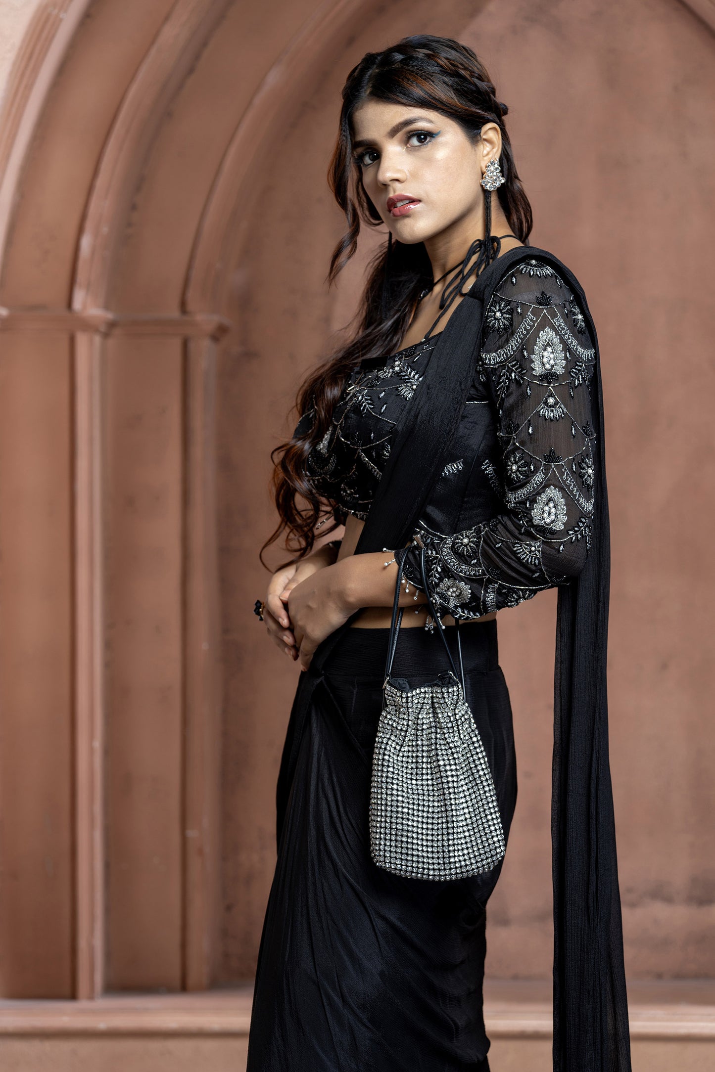 Black Chinnon Cut dana Cocktail Saree