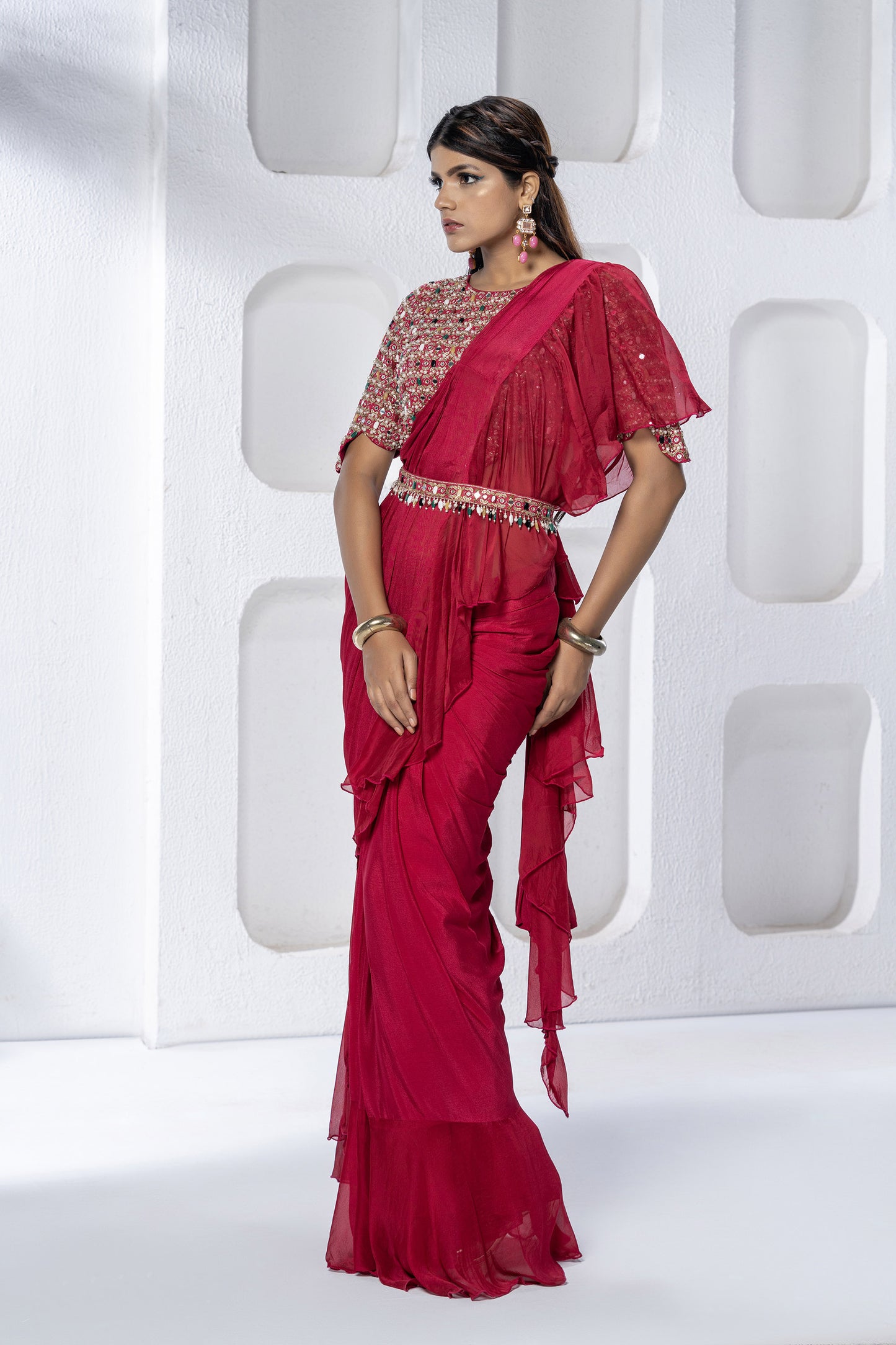 Rani Pink Chinnon Crystal Saree