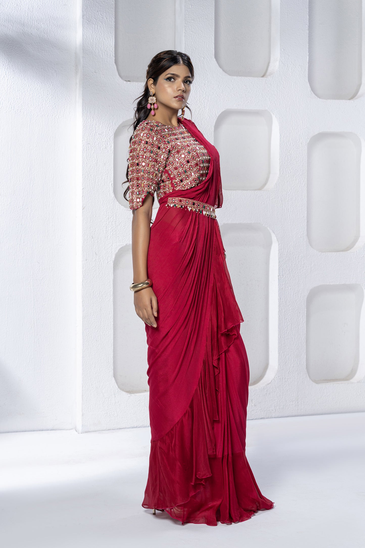 Rani Pink Chinnon Crystal Saree