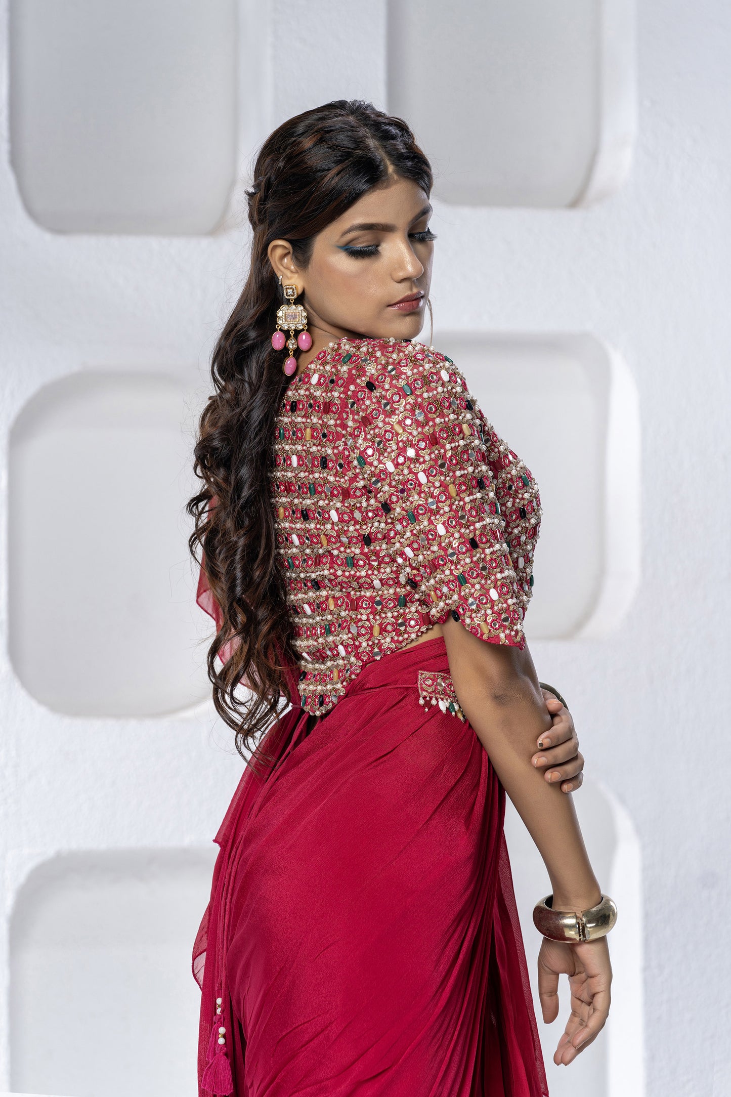 Rani Pink Chinnon Crystal Saree