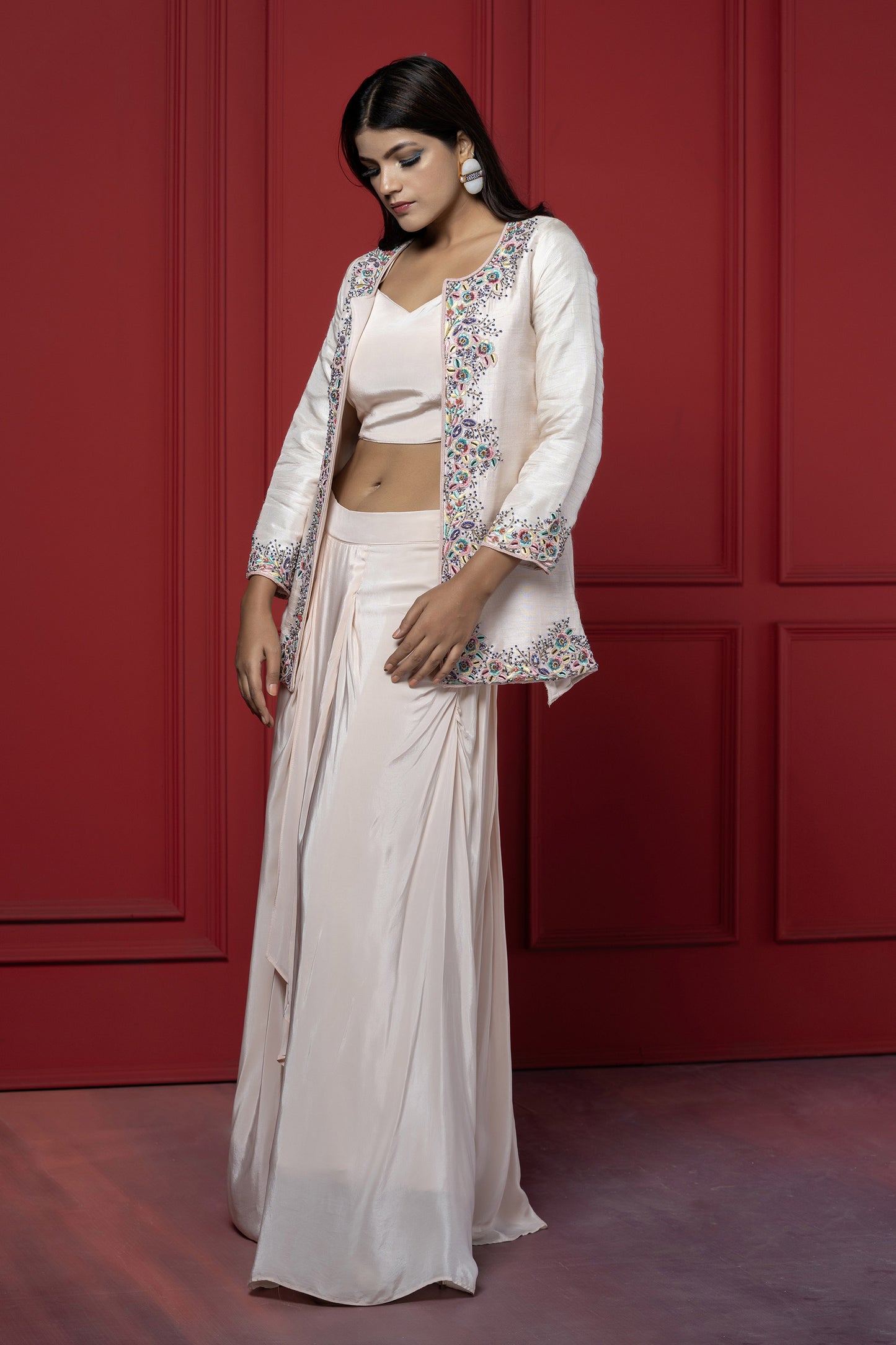 Pink Dola Silk Dhoti-Blazer Set
