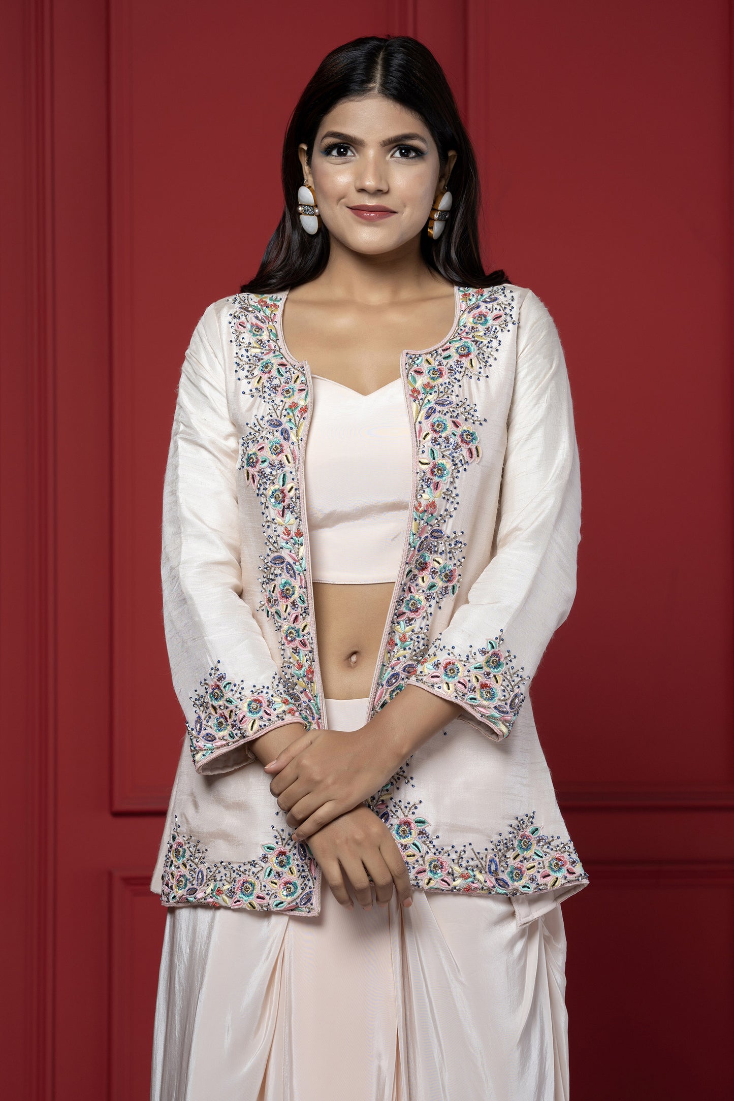 Pink Dola Silk Dhoti-Blazer Set