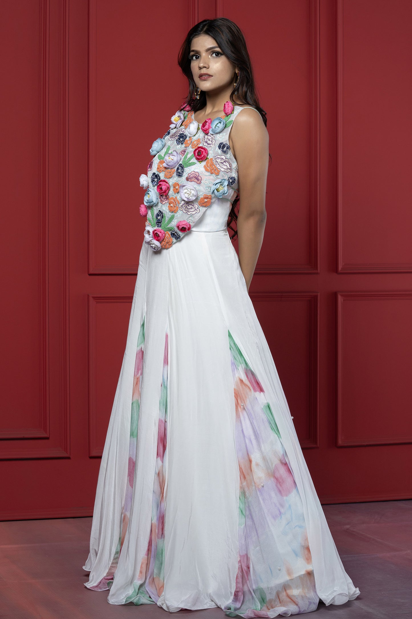 White Chinnon 3D Floral Embellished Gown