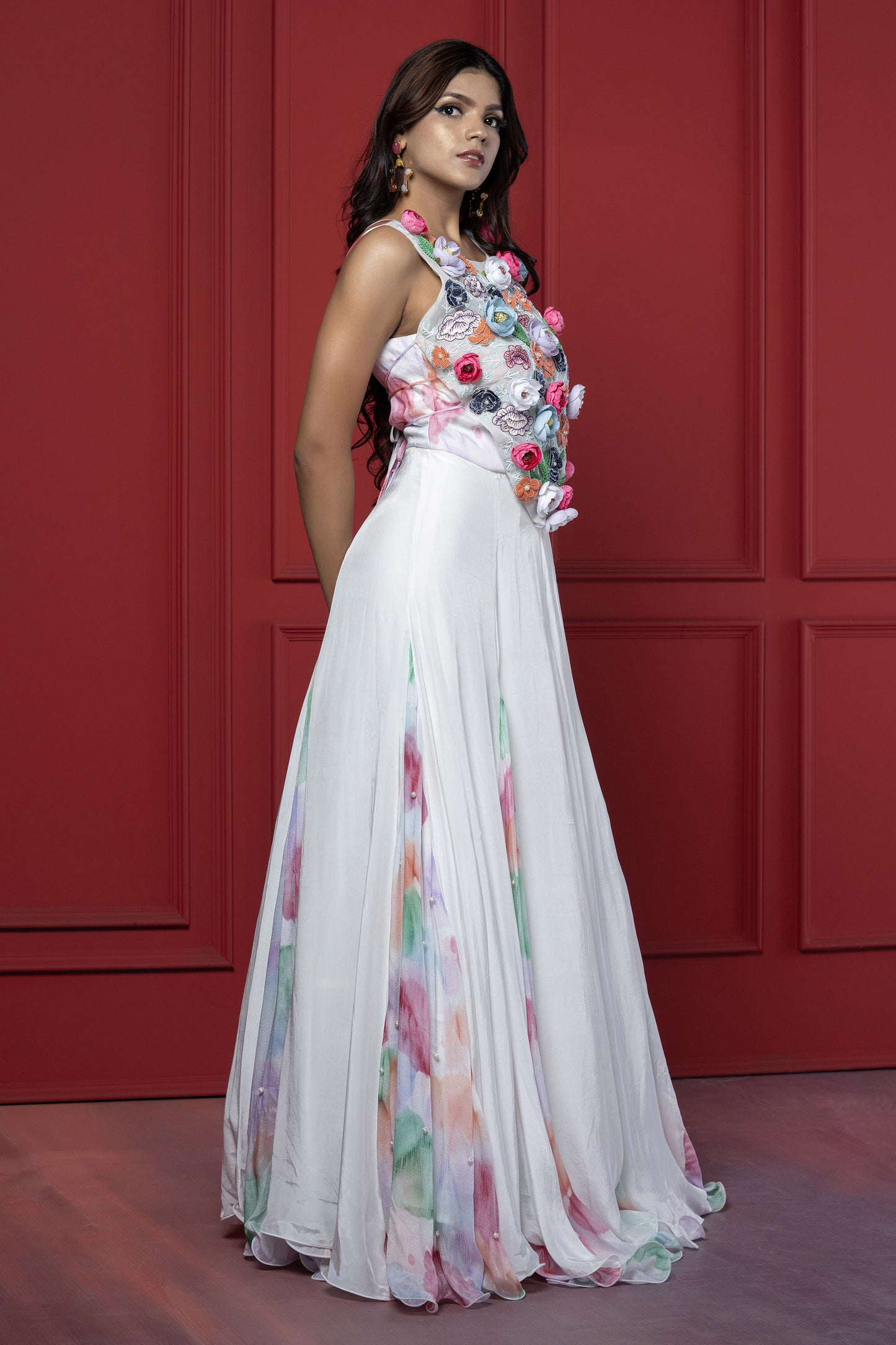 White Chinnon 3D Floral Embellished Gown