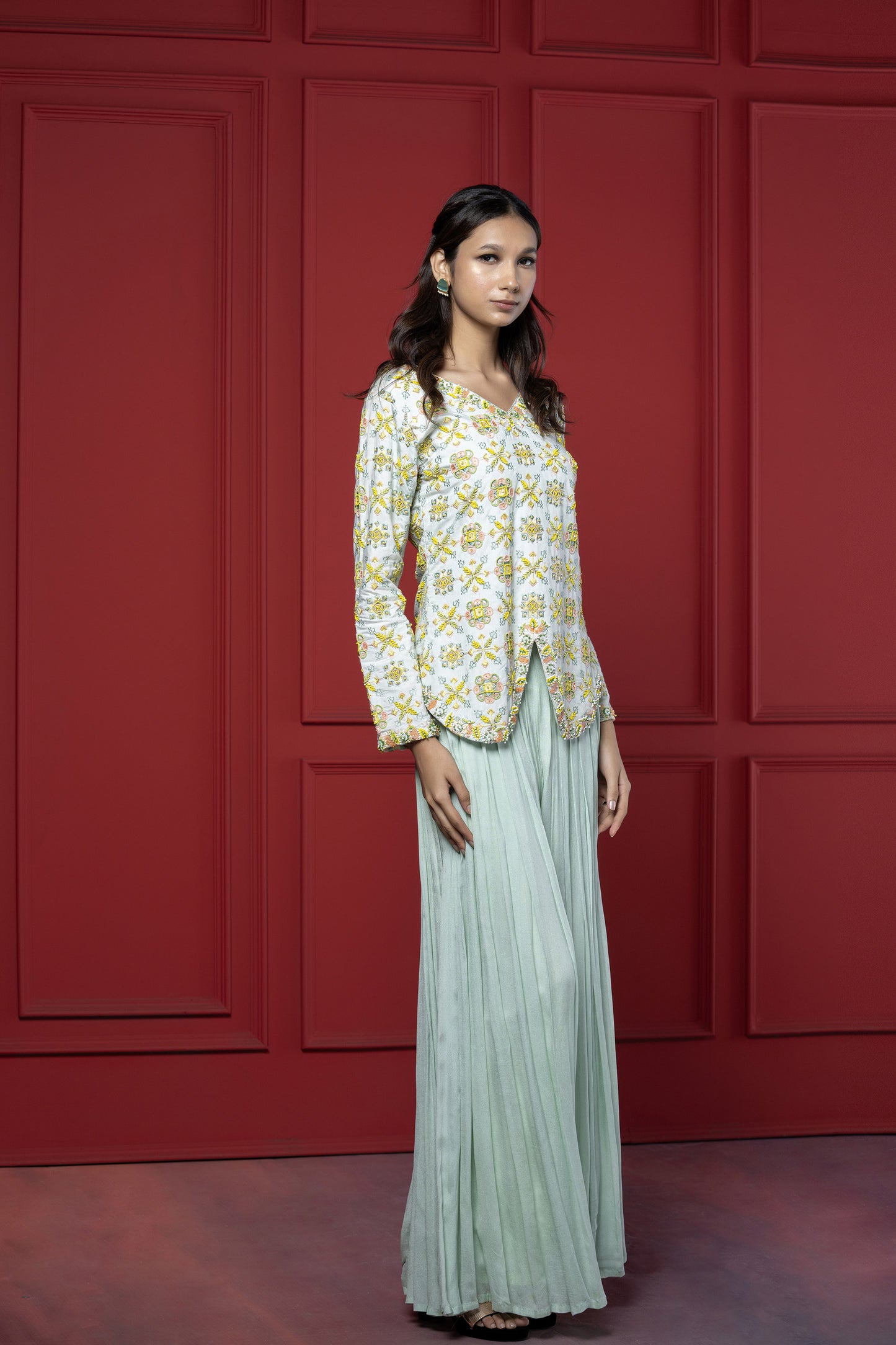 Sea Green Embroidered Georgette Peplum Set