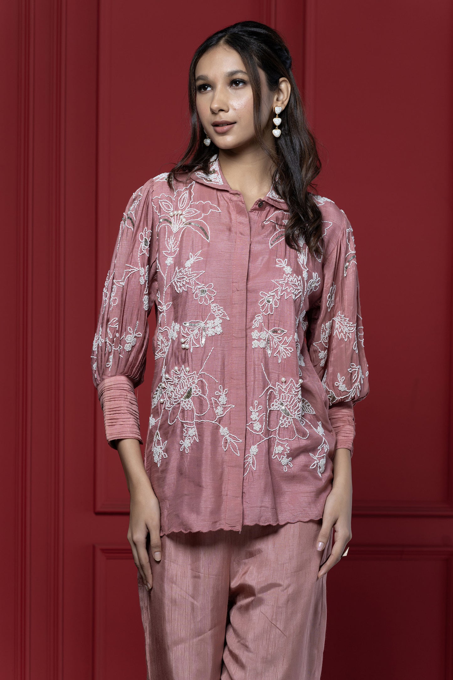 Onion Pink Overall Floral Dola Silk Pant Set