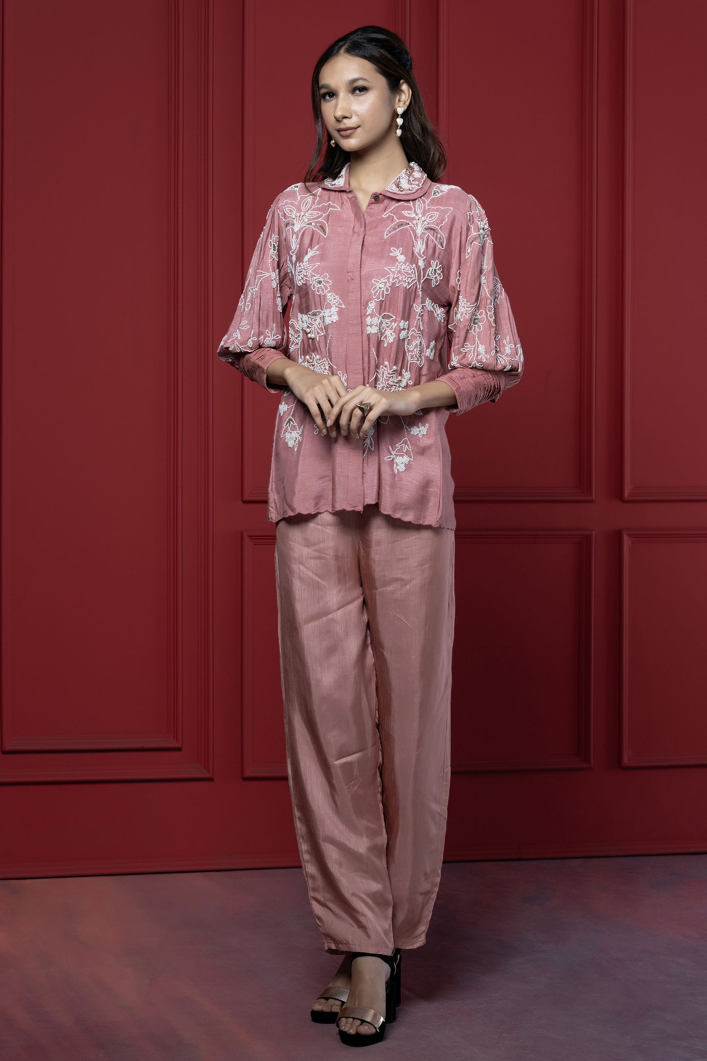 Onion Pink Overall Floral Dola Silk Pant Set