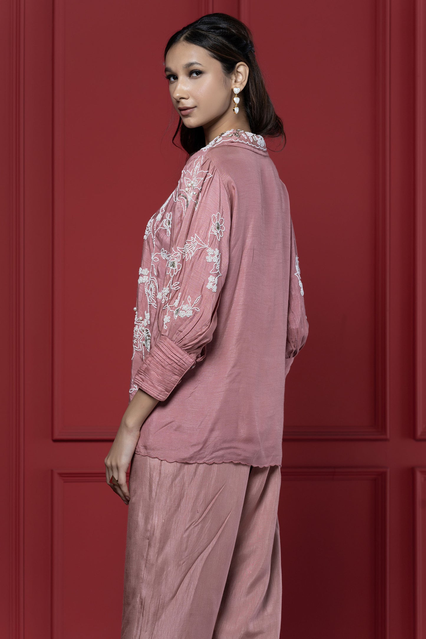 Onion Pink Overall Floral Dola Silk Pant Set