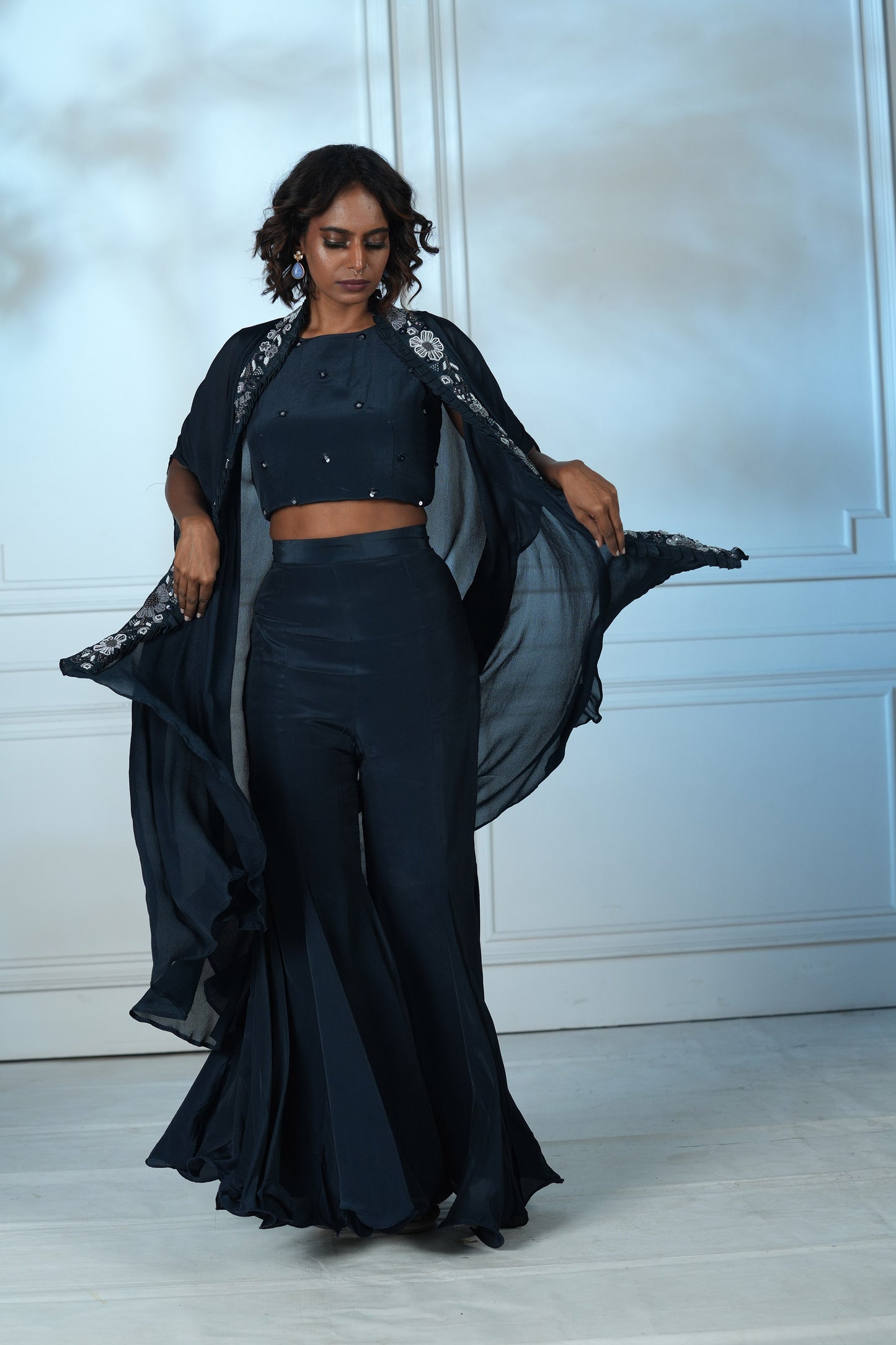 Navy Blue Chinnon Palazzo Cape Set