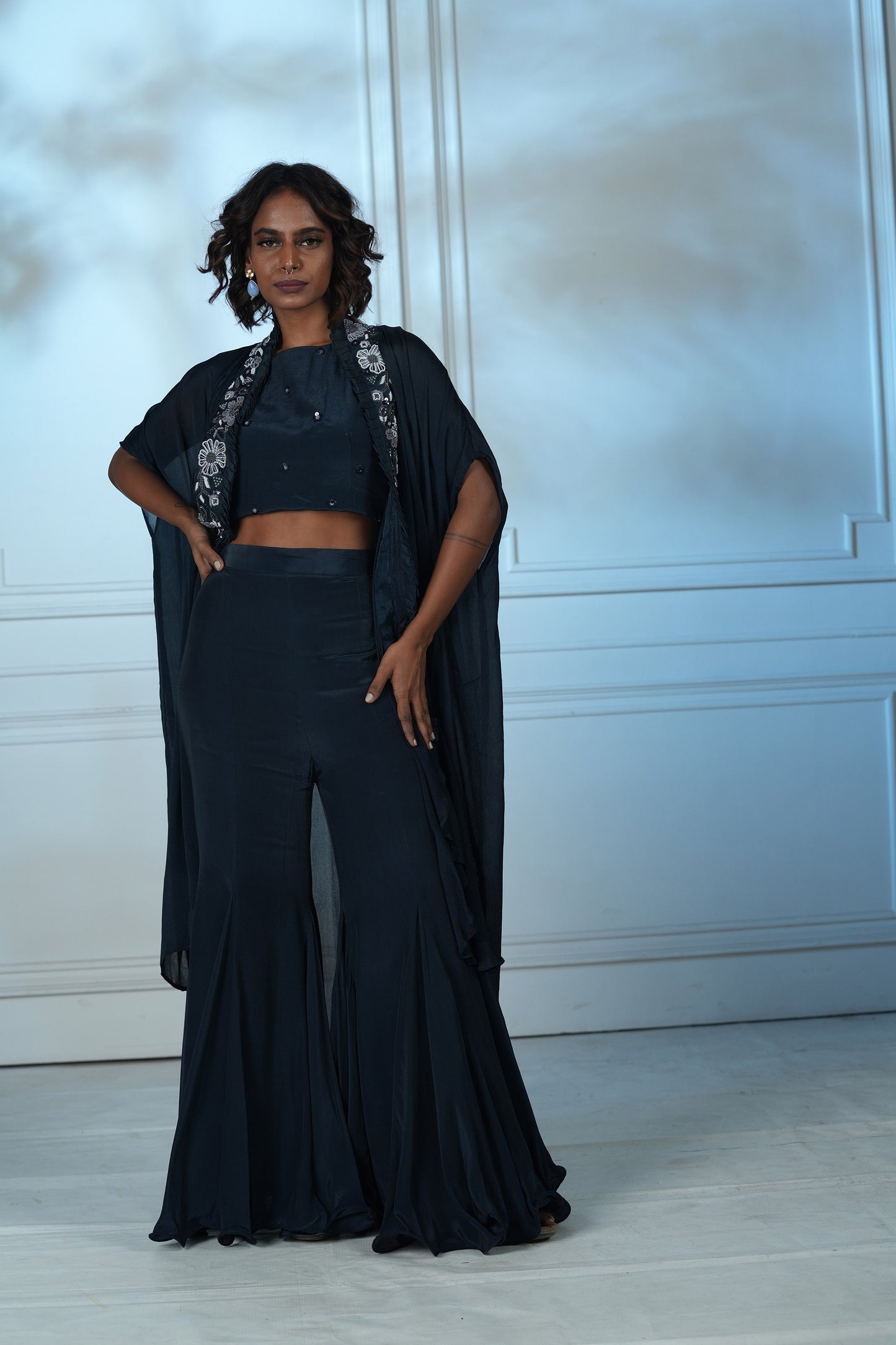 Navy Blue Chinnon Palazzo Cape Set