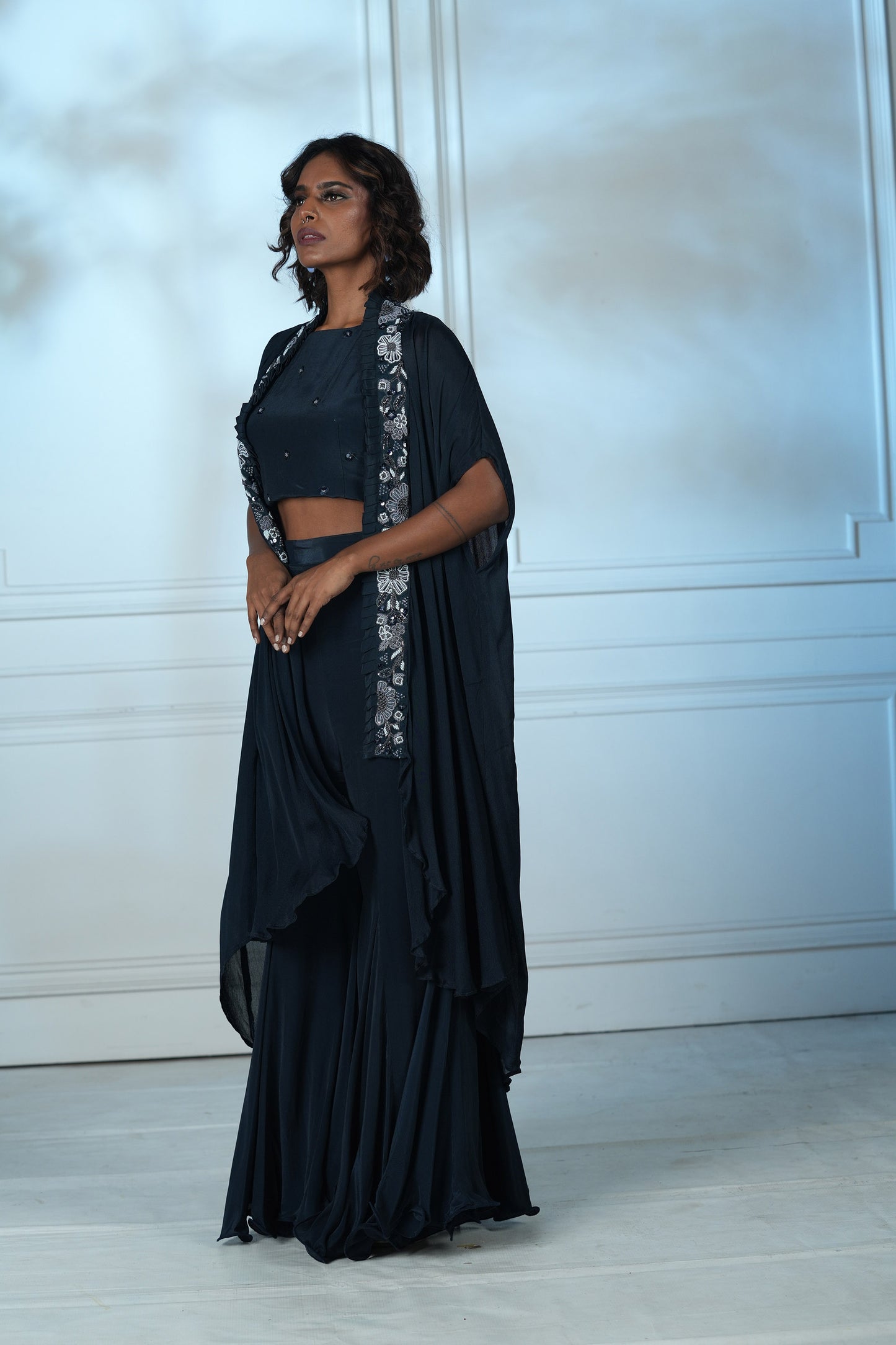 Navy Blue Chinnon Palazzo Cape Set