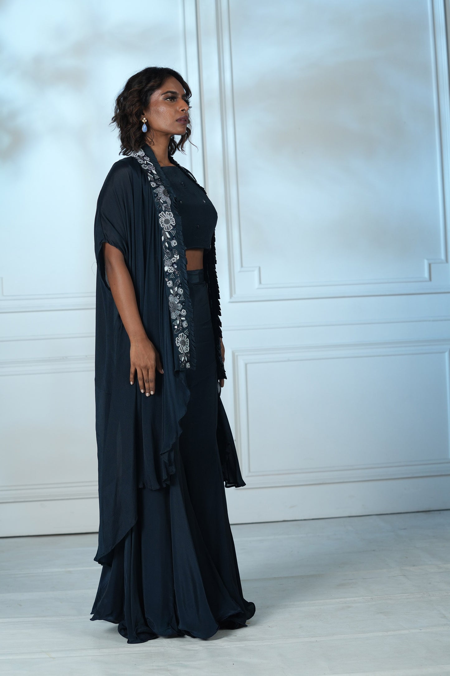 Navy Blue Chinnon Palazzo Cape Set