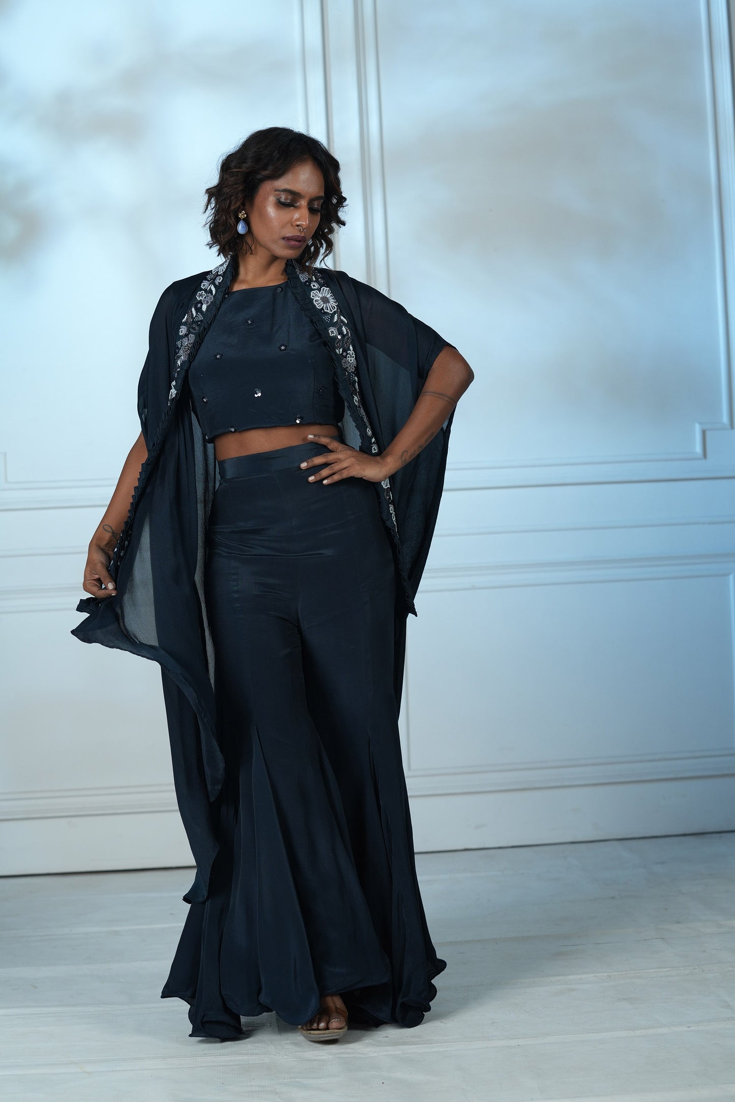 Navy Blue Chinnon Palazzo Cape Set