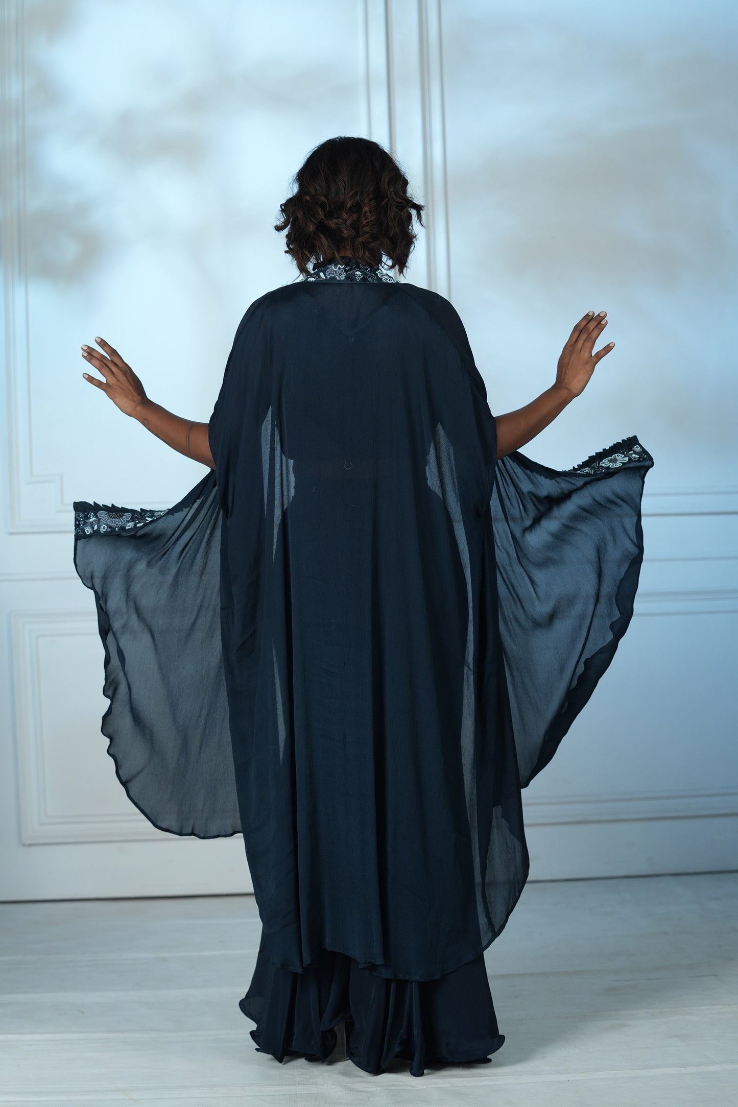 Navy Blue Chinnon Palazzo Cape Set