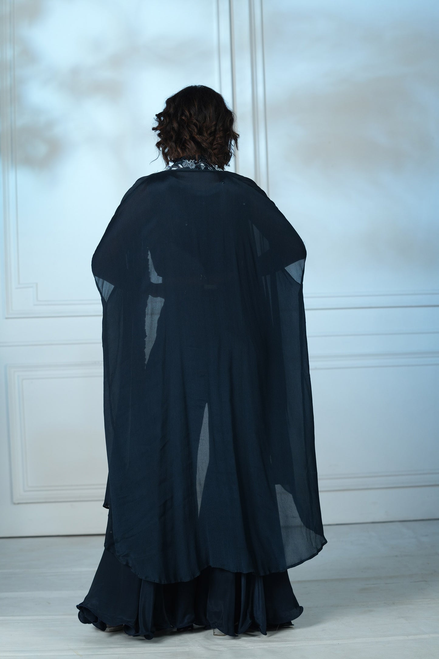 Navy Blue Chinnon Palazzo Cape Set