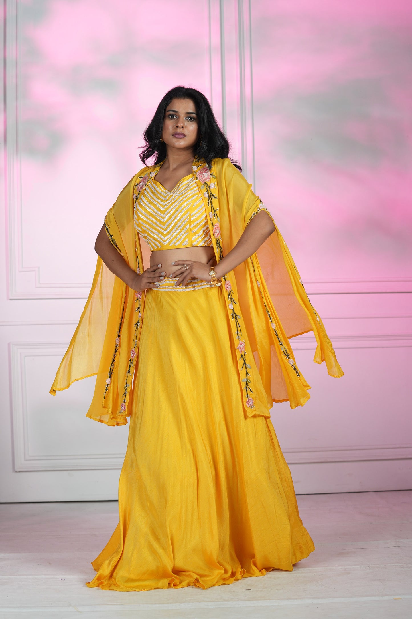 Yellow Dola Silk Cape set