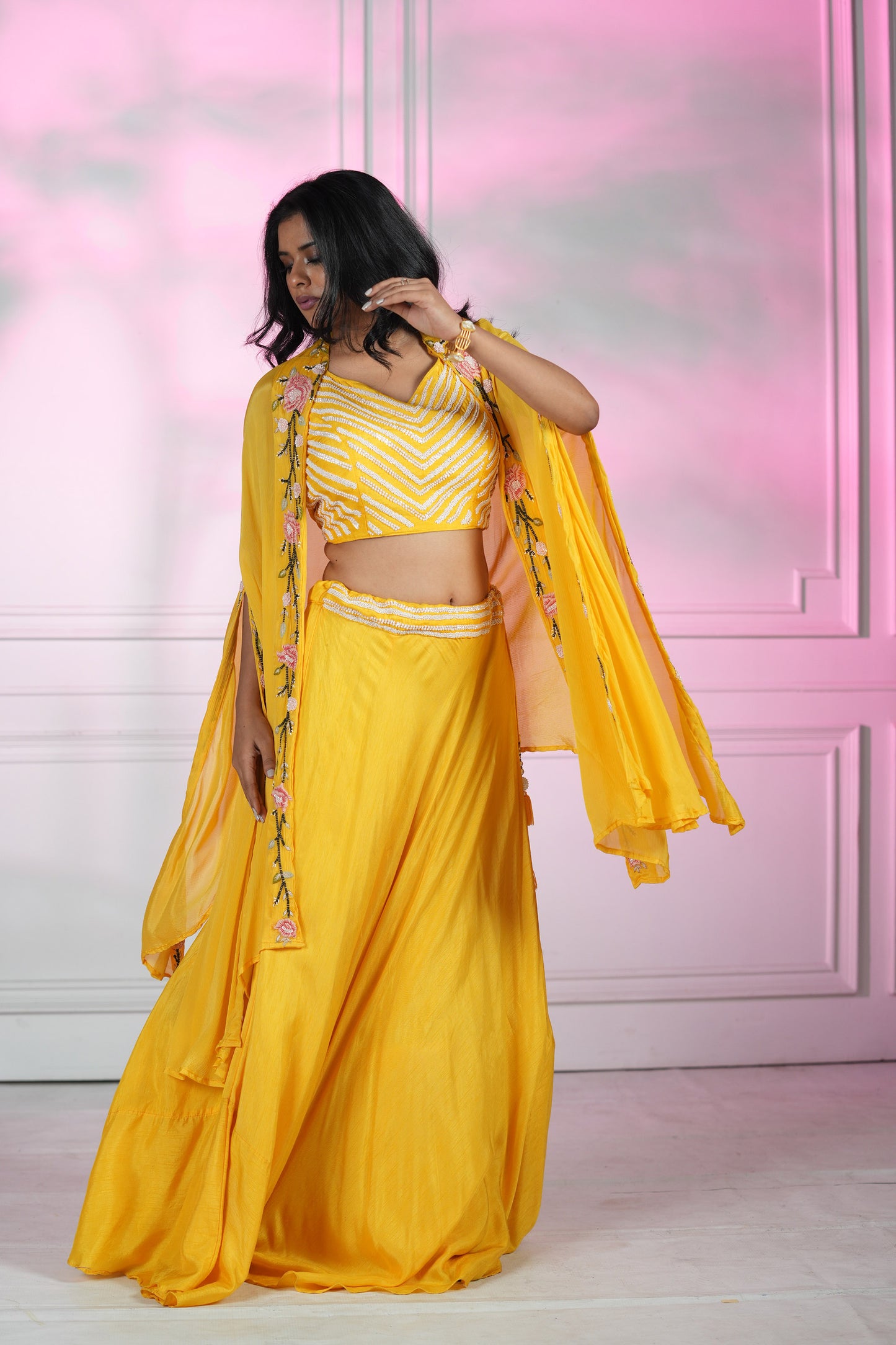Yellow Dola Silk Cape set